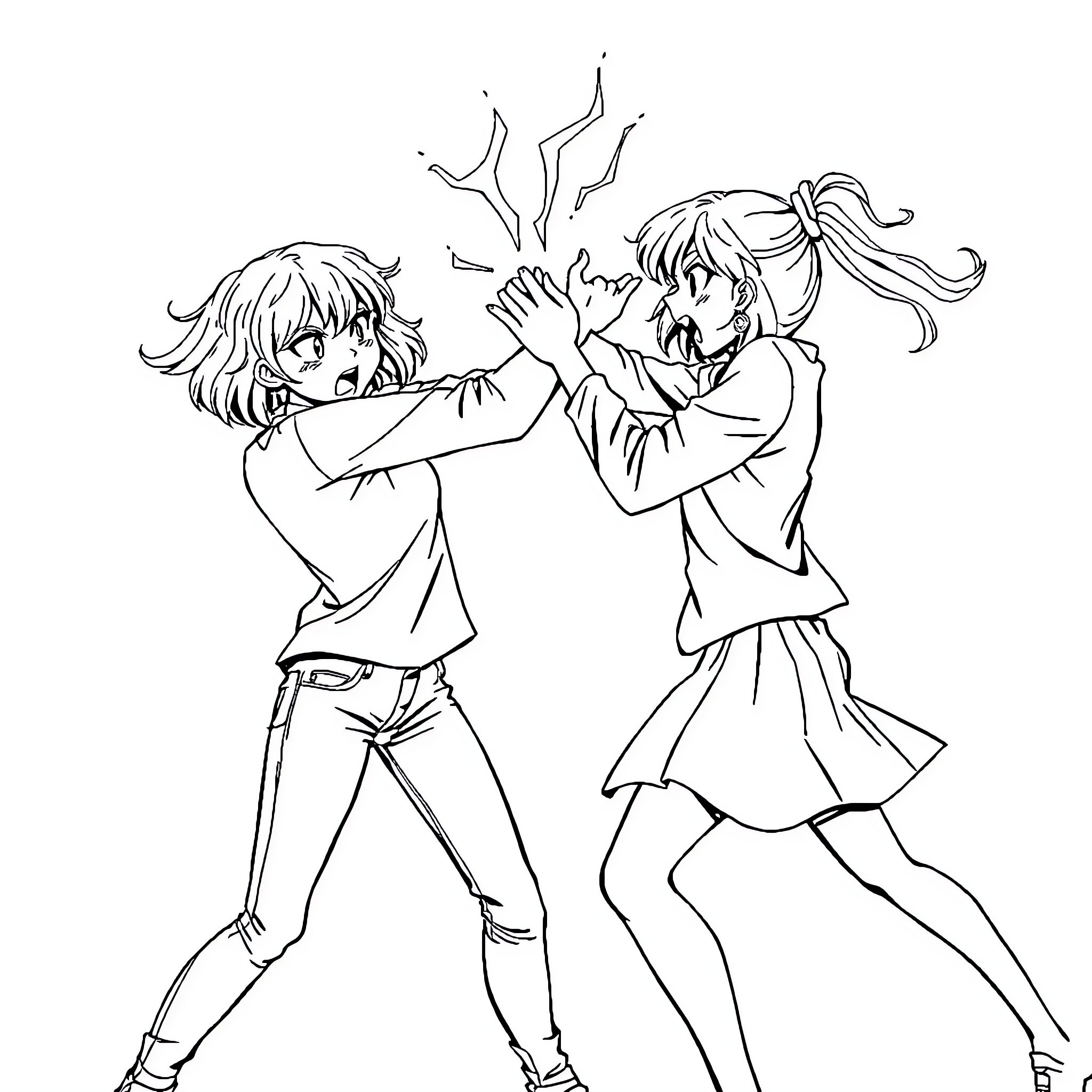 Girls fighting fiercely with each other Coloring Page (free black-and-white line drawing printable PDF for all, from beginners to advanced learners, including children, teens, adults, and seniors)