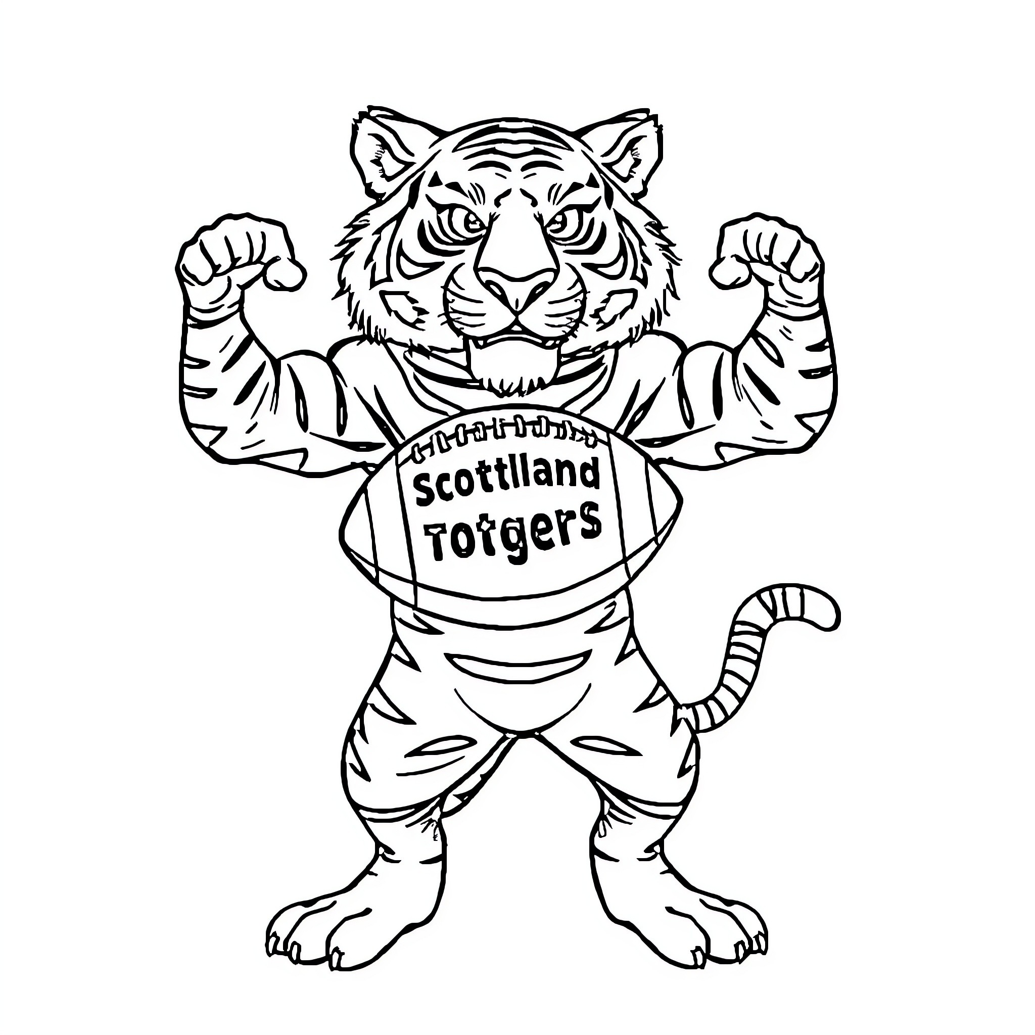 Tiger showing strength and pride with Scottland Toigers jersey Coloring Page (free black-and-white line drawing printable PDF for all, from beginners to advanced learners, including children, teens, adults, and seniors)