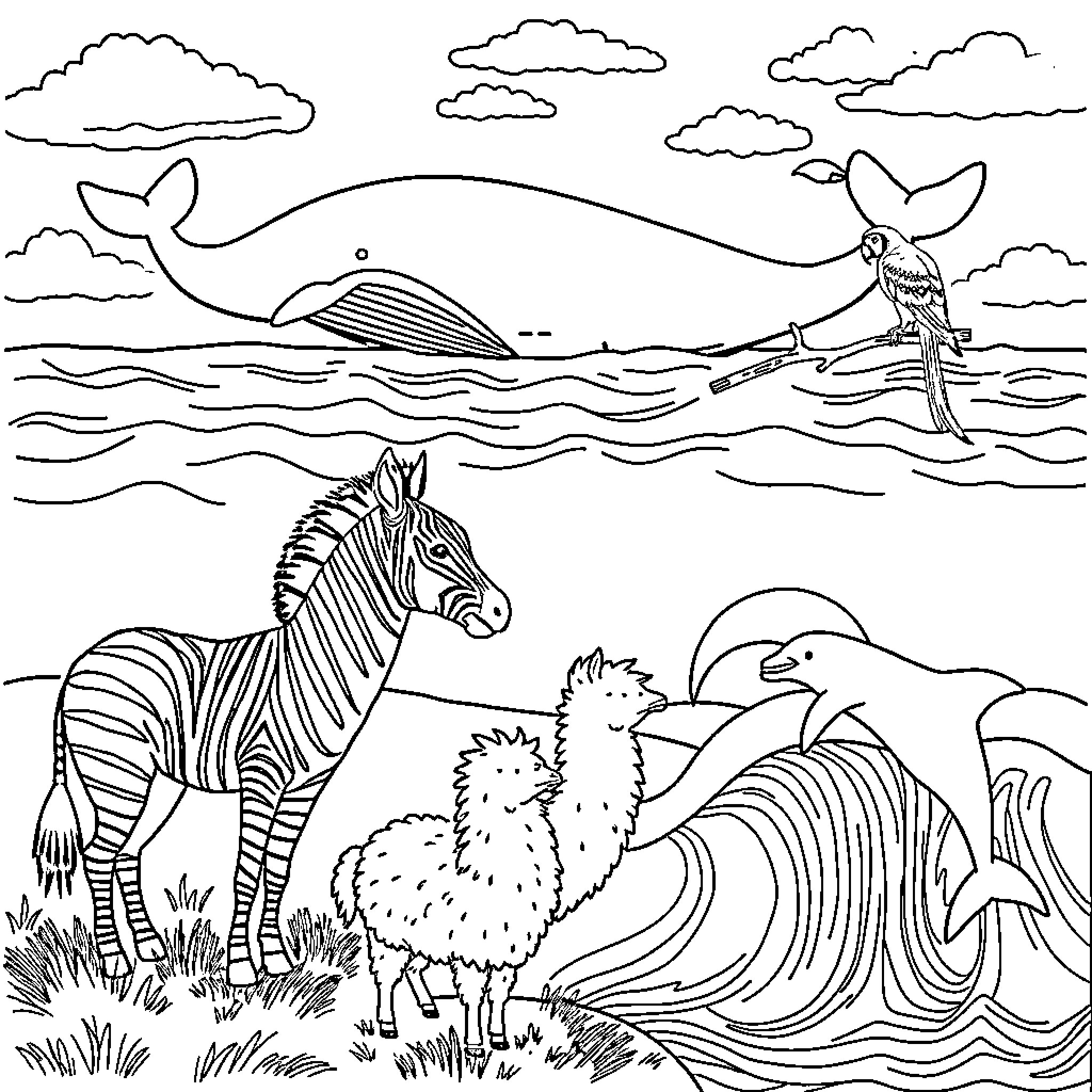Animal scenes with ocean creatures and animals Coloring Page (free black-and-white line drawing printable PDF for all, from beginners to advanced learners, including children, teens, adults, and seniors)