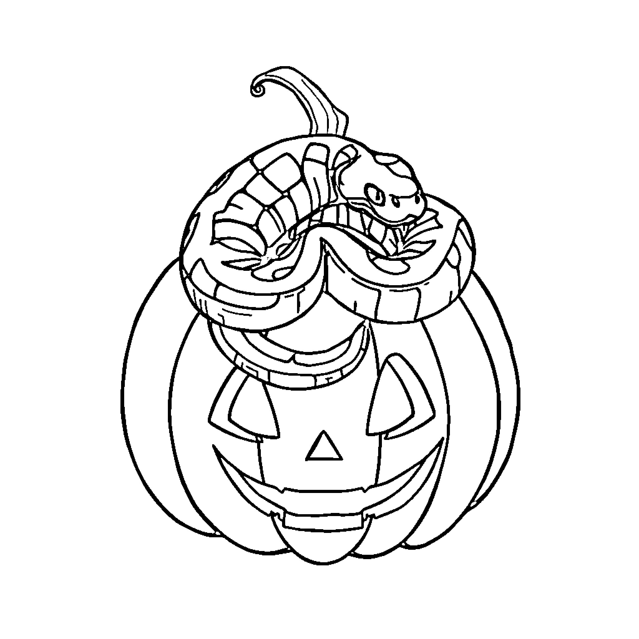 Ball Python emerging from Halloween pumpkin Coloring Page (free black-and-white line drawing printable PDF for all, from beginners to advanced learners, including children, teens, adults, and seniors)