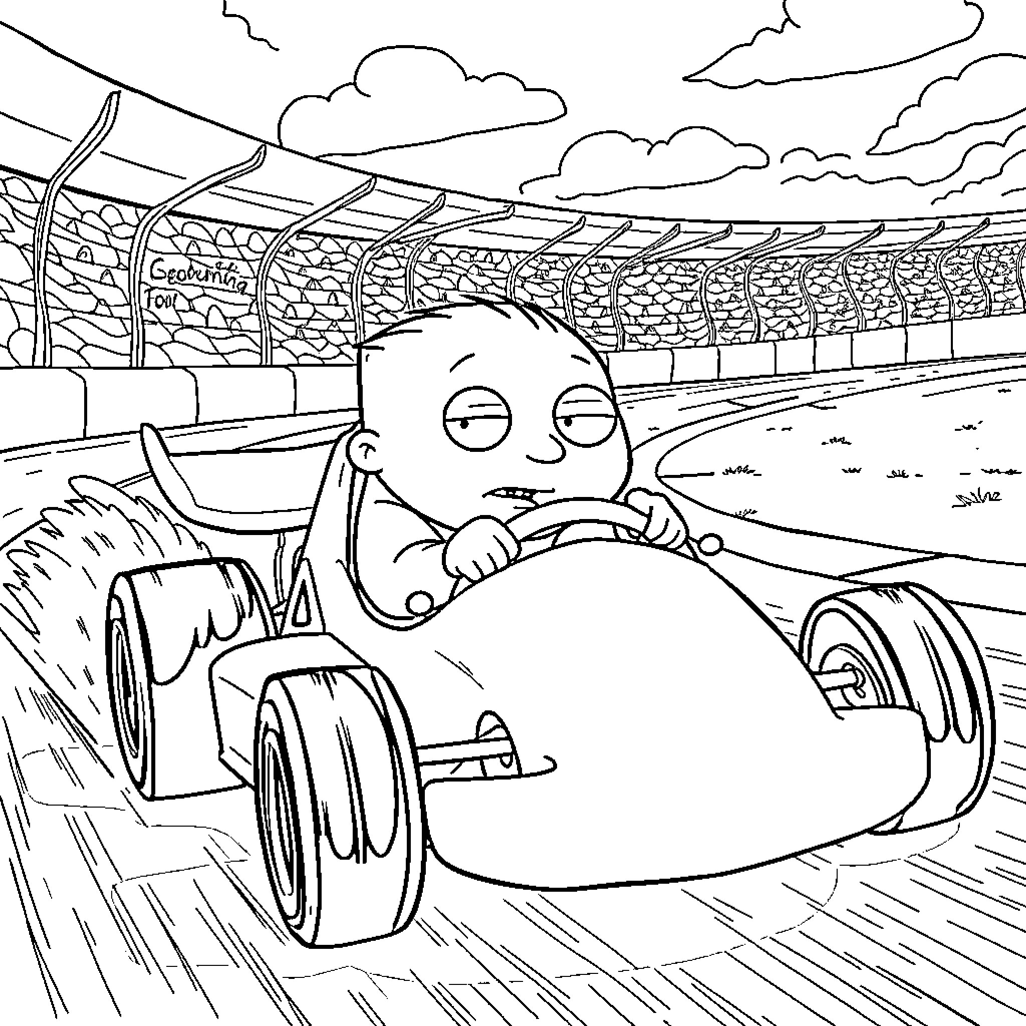 Stewie racing in a racing car on the track Coloring Page (free black-and-white line drawing printable PDF for all, from beginners to advanced learners, including children, teens, adults, and seniors)