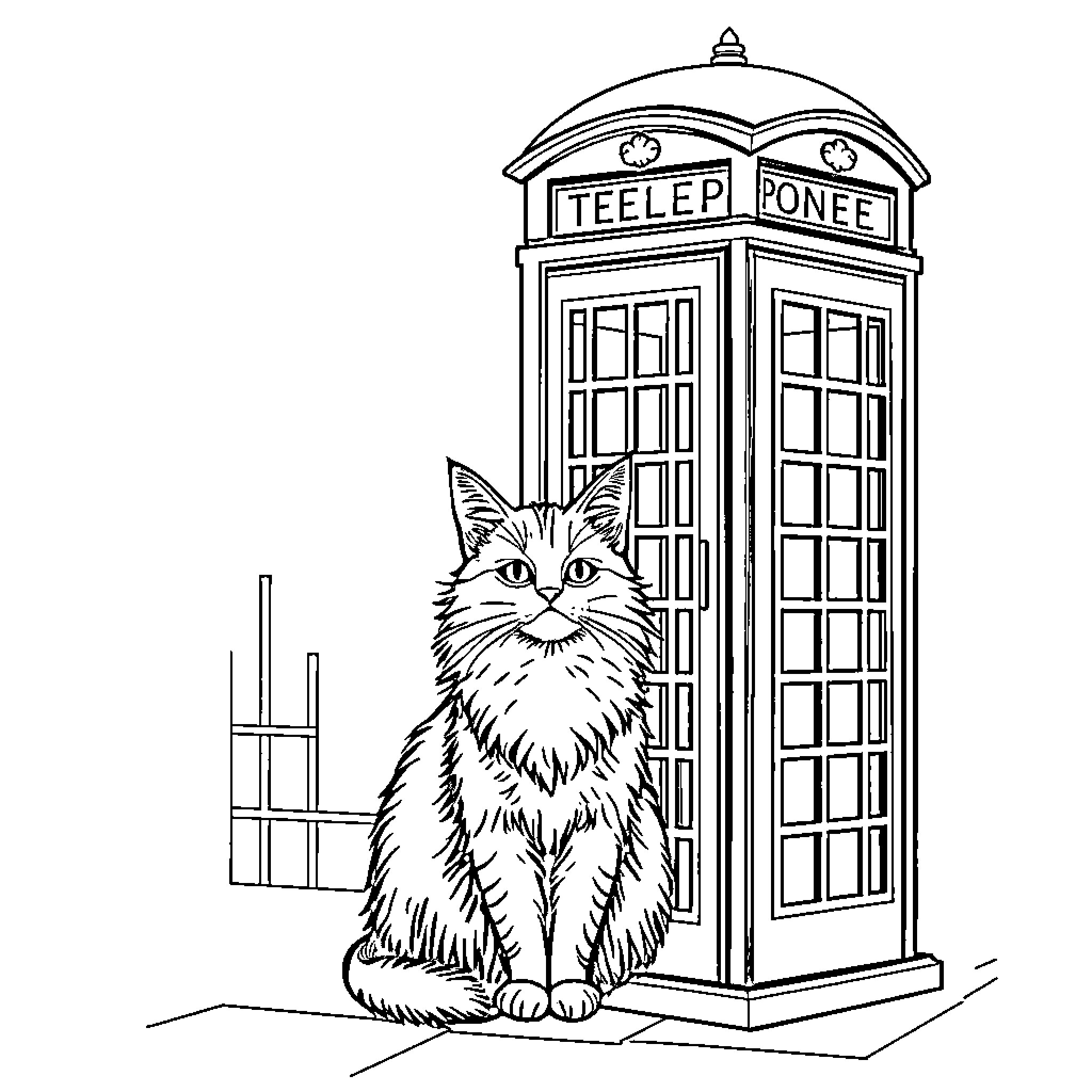 Cat near iconic British telephone booth Coloring Page (free black-and-white line drawing printable PDF for all, from beginners to advanced learners, including children, teens, adults, and seniors)