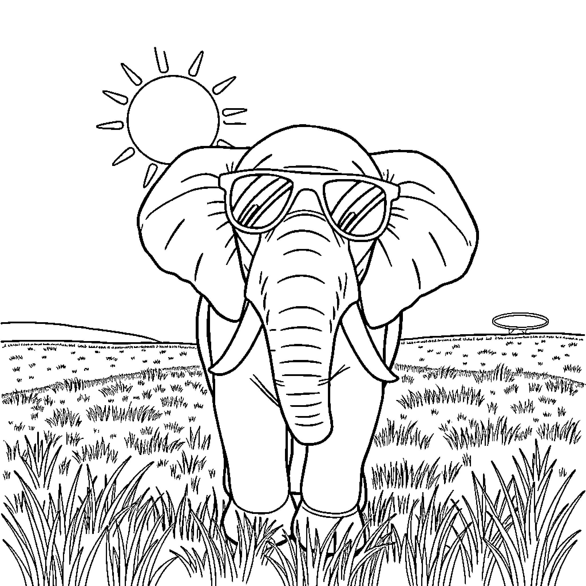 Elephant relaxing in the sun wearing sunglasses Coloring Page (free black-and-white line drawing printable PDF for all, from beginners to advanced learners, including children, teens, adults, and seniors)