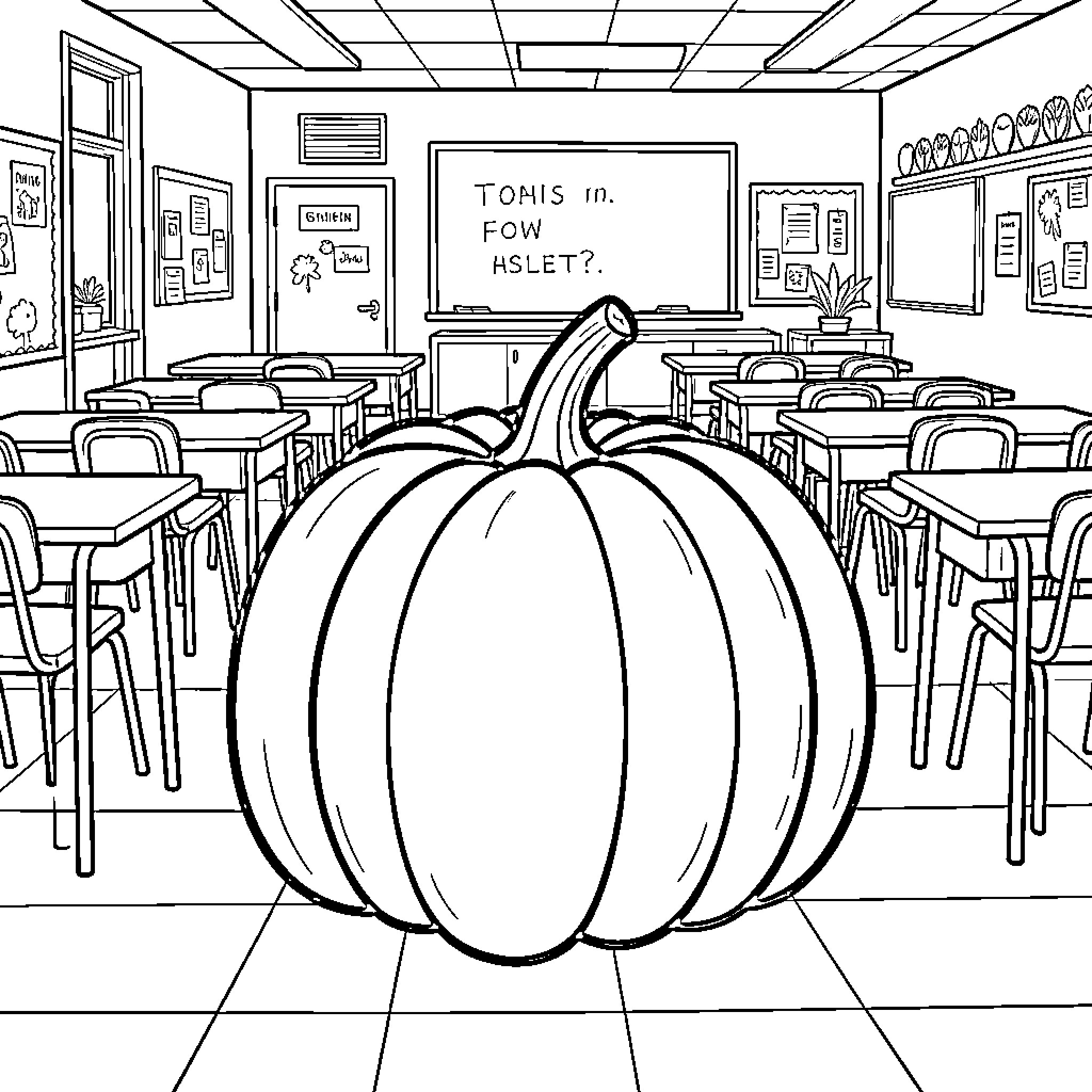 Pumpkin sitting alone in a classroom setting Coloring Page (free black-and-white line drawing printable PDF for all, from beginners to advanced learners, including children, teens, adults, and seniors)
