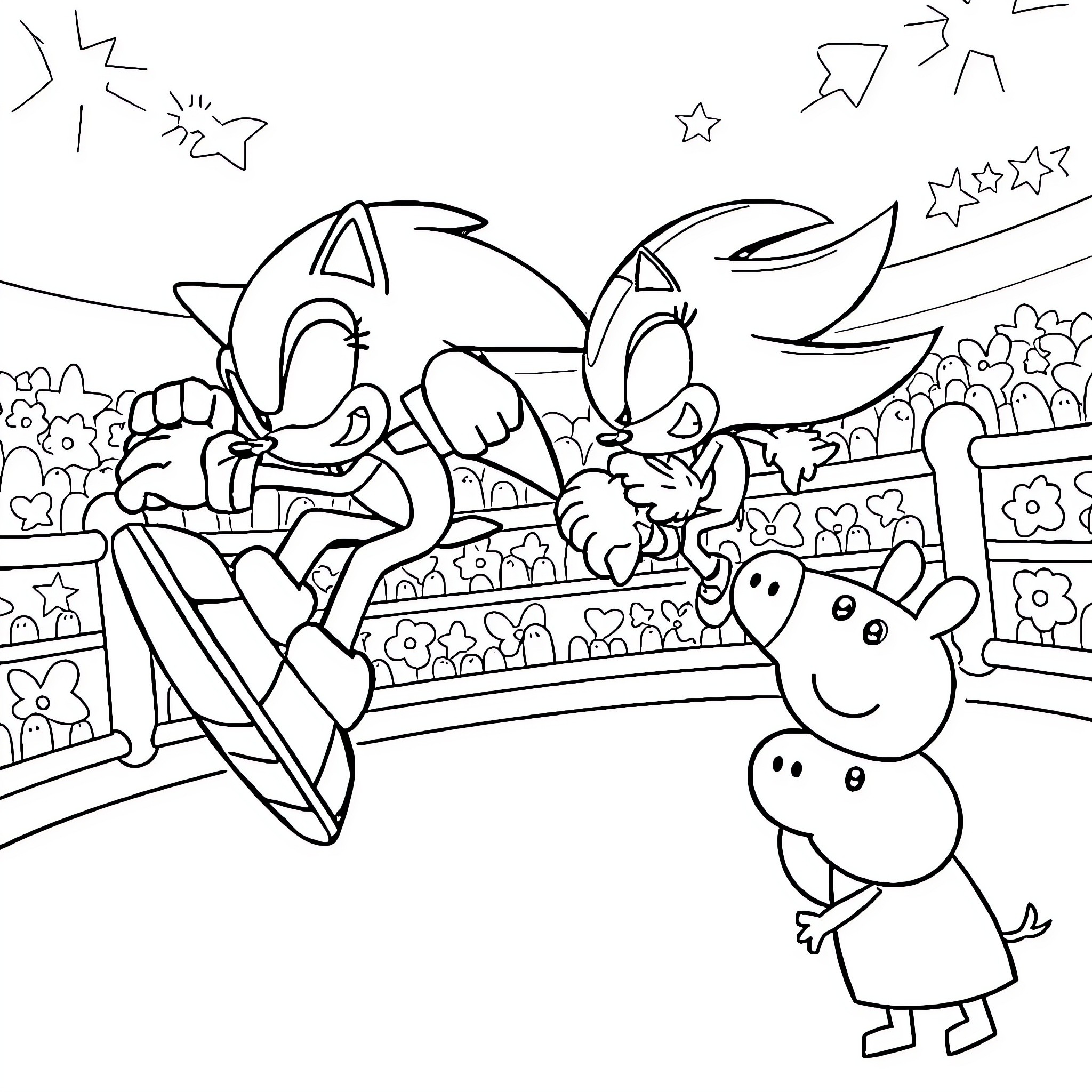 Sonic and friends in a lively animated scene Coloring Page (free black-and-white line drawing printable PDF for all, from beginners to advanced learners, including children, teens, adults, and seniors)