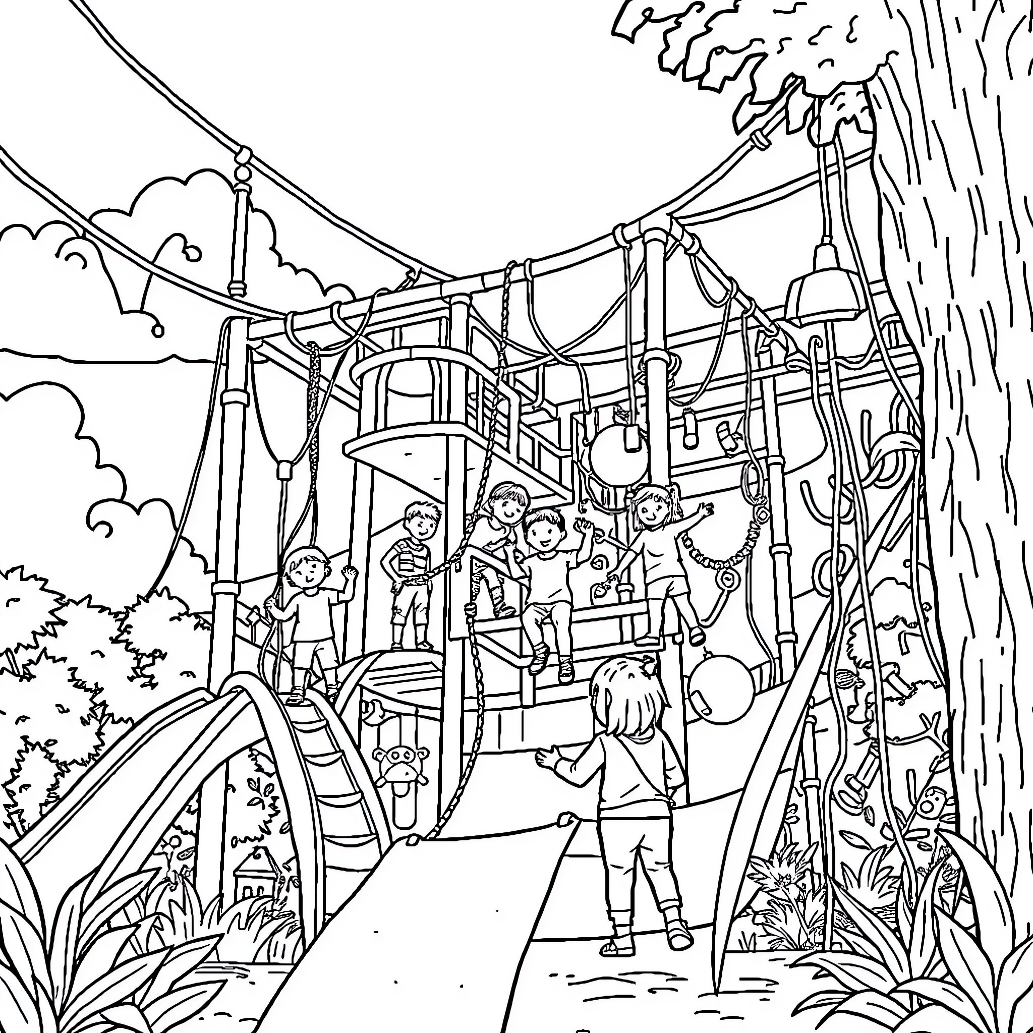 Activity Director Leads Group Through Adventurous Obstacle Course Coloring Page (free black-and-white line drawing printable PDF for all, from beginners to advanced learners, including children, teens, adults, and seniors)