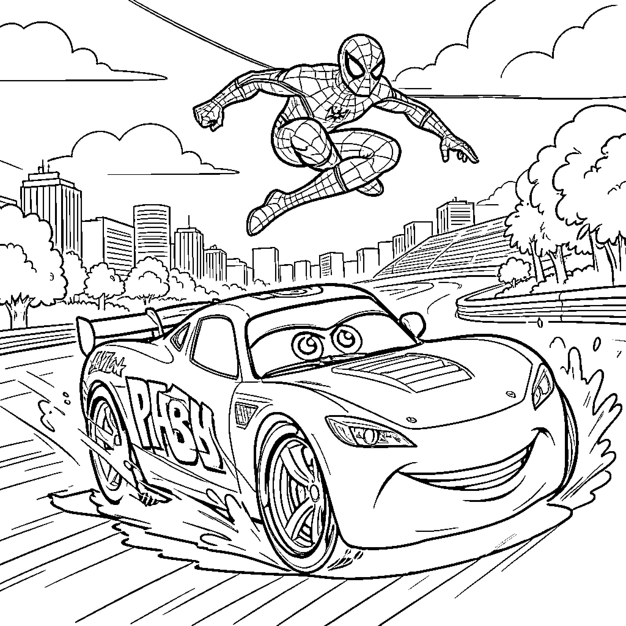Flash of action with superhero jumping over racing car Coloring Page (free black-and-white line drawing printable PDF for all, from beginners to advanced learners, including children, teens, adults, and seniors)