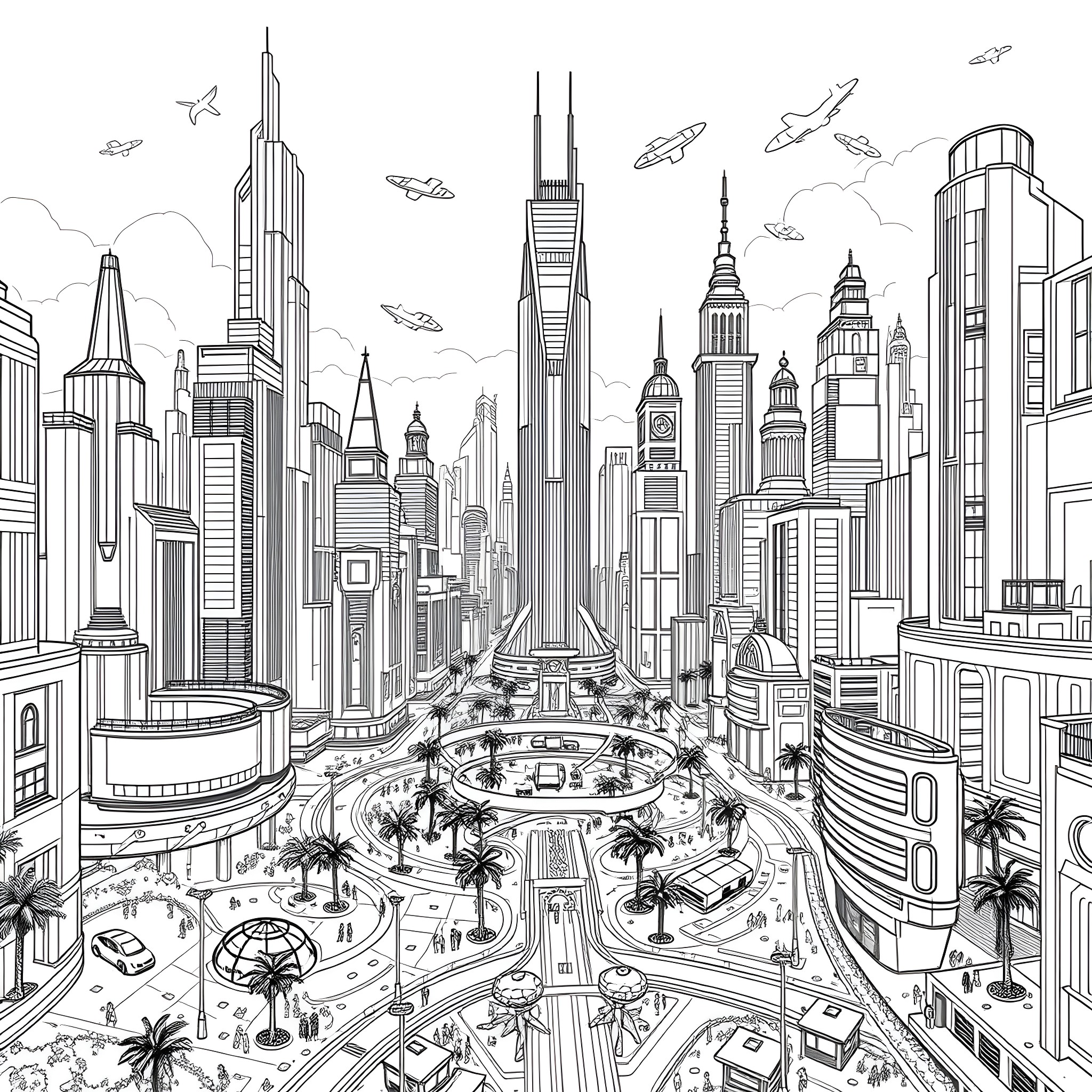 World City Life with Skyscrapers and Busy Streets Coloring Page (free black-and-white line drawing printable PDF for all, from beginners to advanced learners, including children, teens, adults, and seniors)
