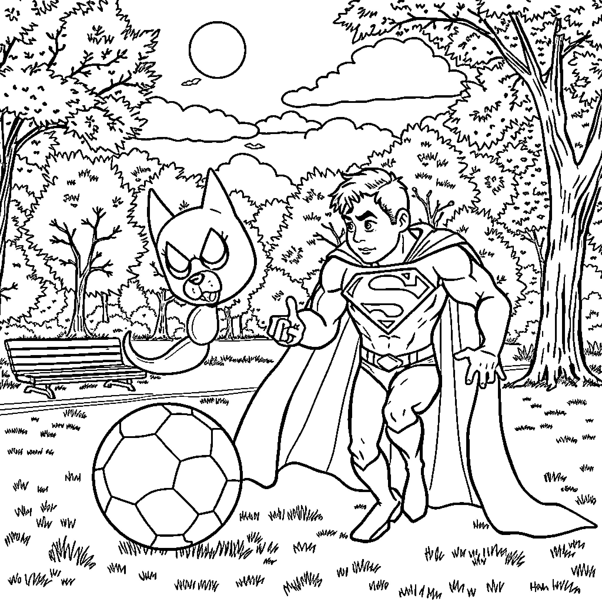 Blek le Roc plays soccer with a superhero in the park Coloring Page (free black-and-white line drawing printable PDF for all, from beginners to advanced learners, including children, teens, adults, and seniors)
