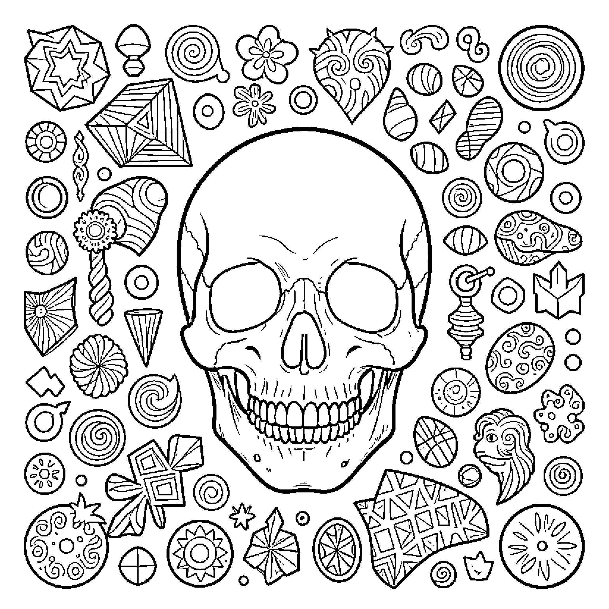 Skull surrounded by various abstract patterns and shapes Coloring Page (free black-and-white line drawing printable PDF for all, from beginners to advanced learners, including children, teens, adults, and seniors)