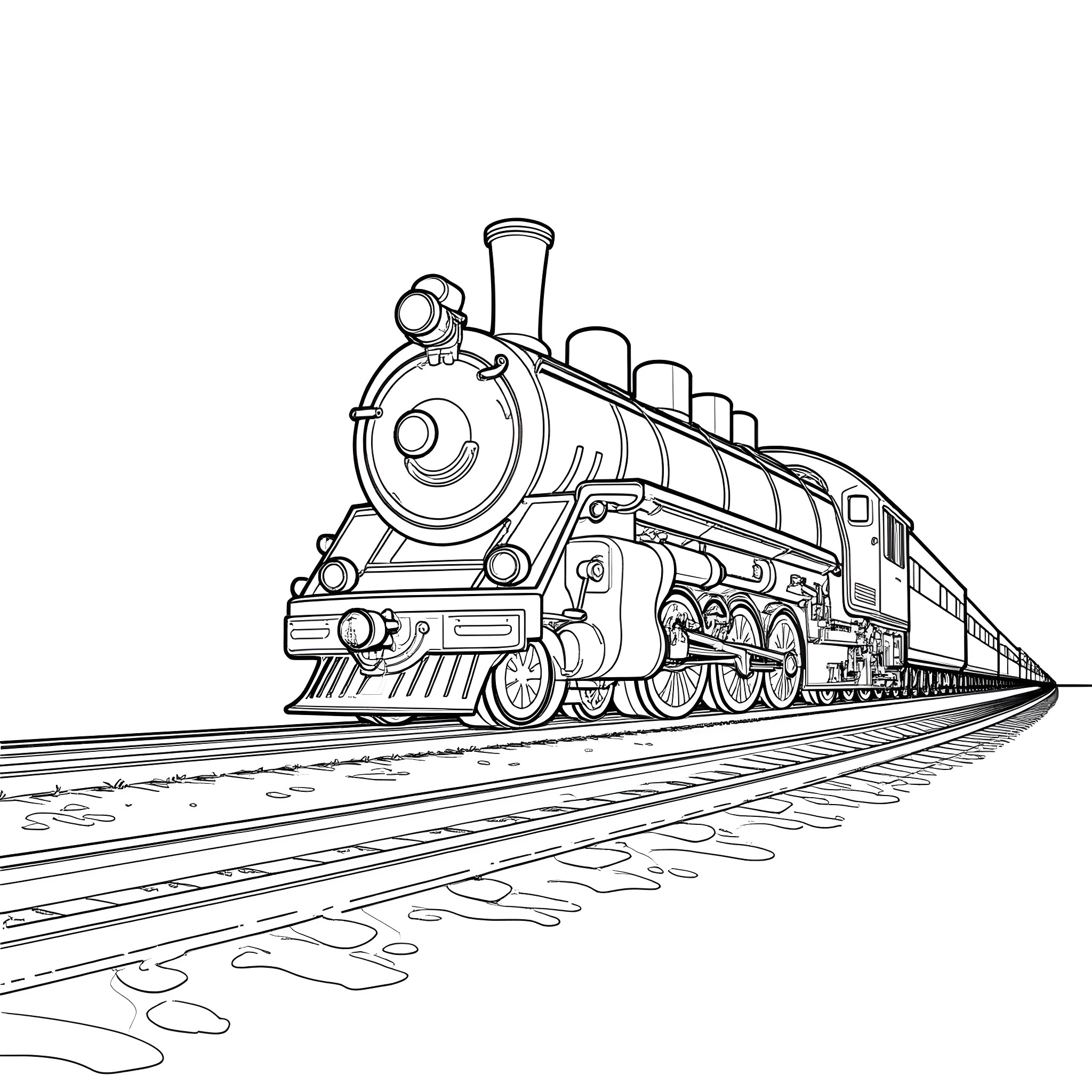 Locomotive charging down the tracks Coloring Page (free black-and-white line drawing printable PDF for all, from beginners to advanced learners, including children, teens, adults, and seniors)