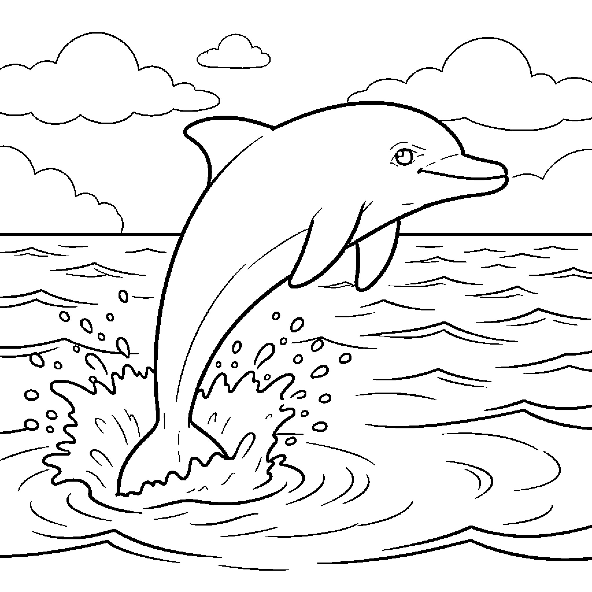 Dolphin jumping joyfully out of the ocean waves Coloring Page (free black-and-white line drawing printable PDF for all, from beginners to advanced learners, including children, teens, adults, and seniors)