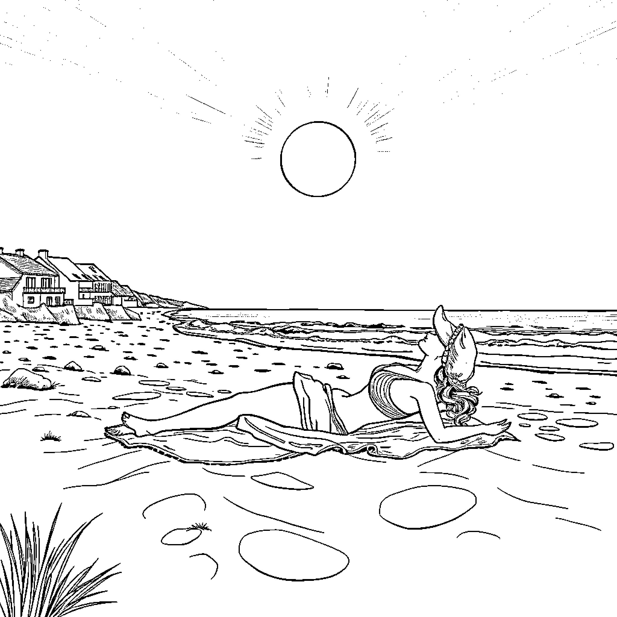 Wife relaxing on the beach under the sun Coloring Page (free black-and-white line drawing printable PDF for all, from beginners to advanced learners, including children, teens, adults, and seniors)