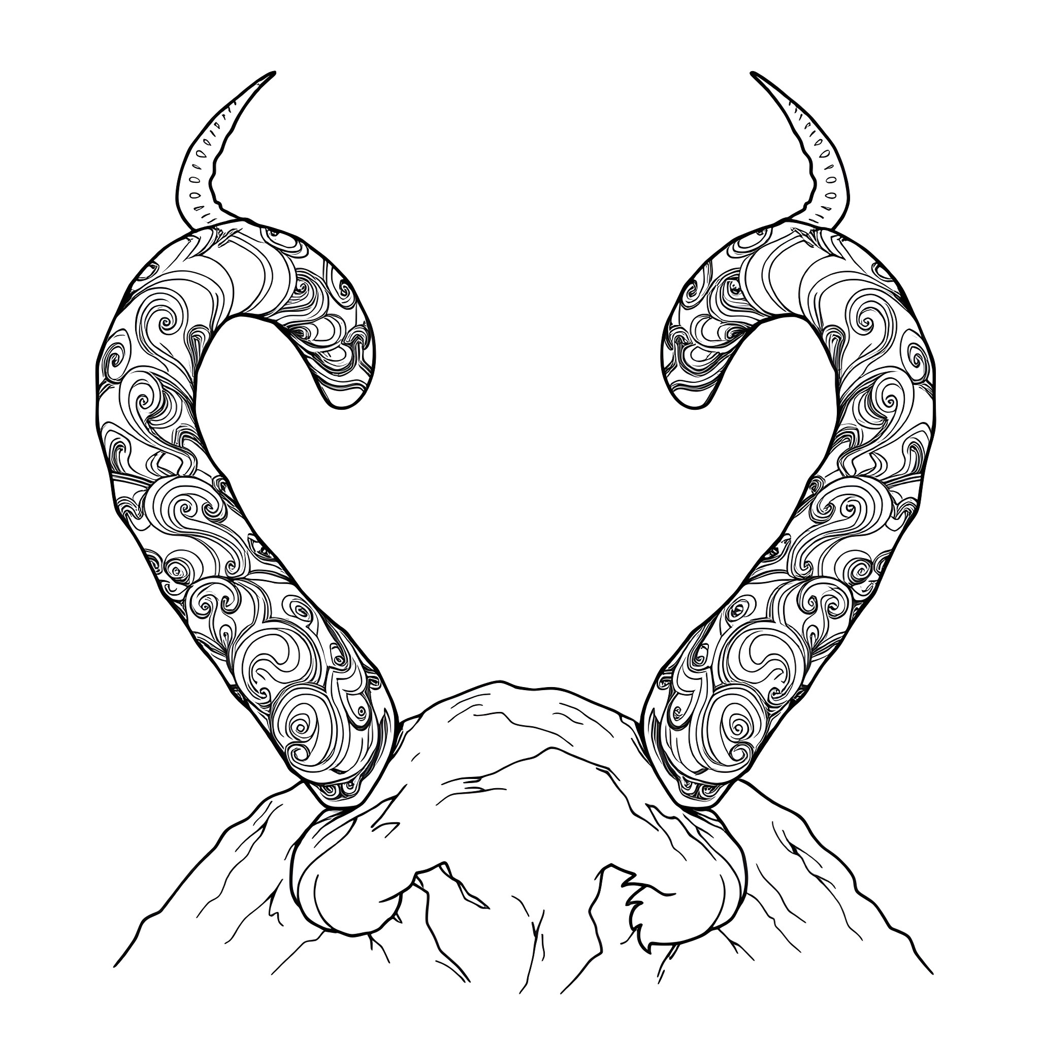 Horn-shaped Creature Emerging from Mountainous Landscape Coloring Page (free black-and-white line drawing printable PDF for all, from beginners to advanced learners, including children, teens, adults, and seniors)