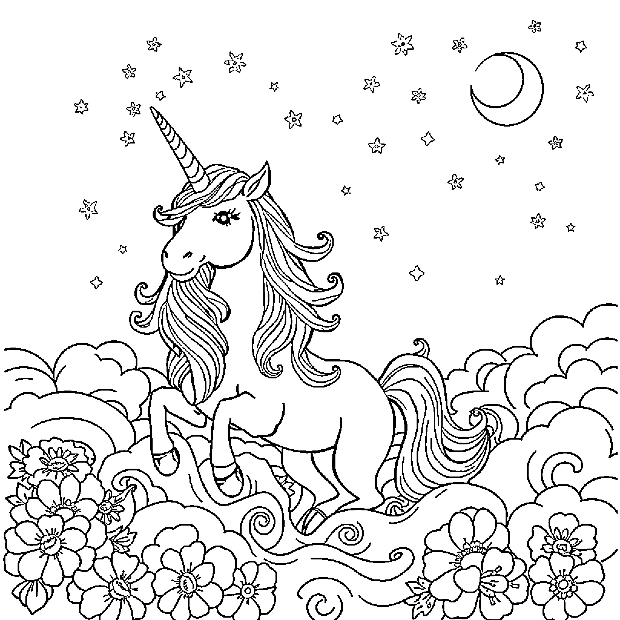 Unicorn Enchanted in a Whimsical Floral Landscape Coloring Page (free black-and-white line drawing printable PDF for all, from beginners to advanced learners, including children, teens, adults, and seniors)