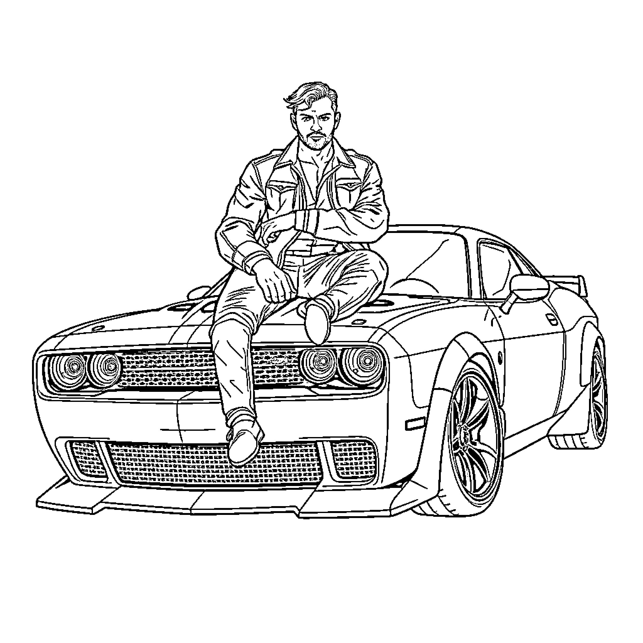 Hell Cat Racing with Fearless Driver Coloring Page (free black-and-white line drawing printable PDF for all, from beginners to advanced learners, including children, teens, adults, and seniors)