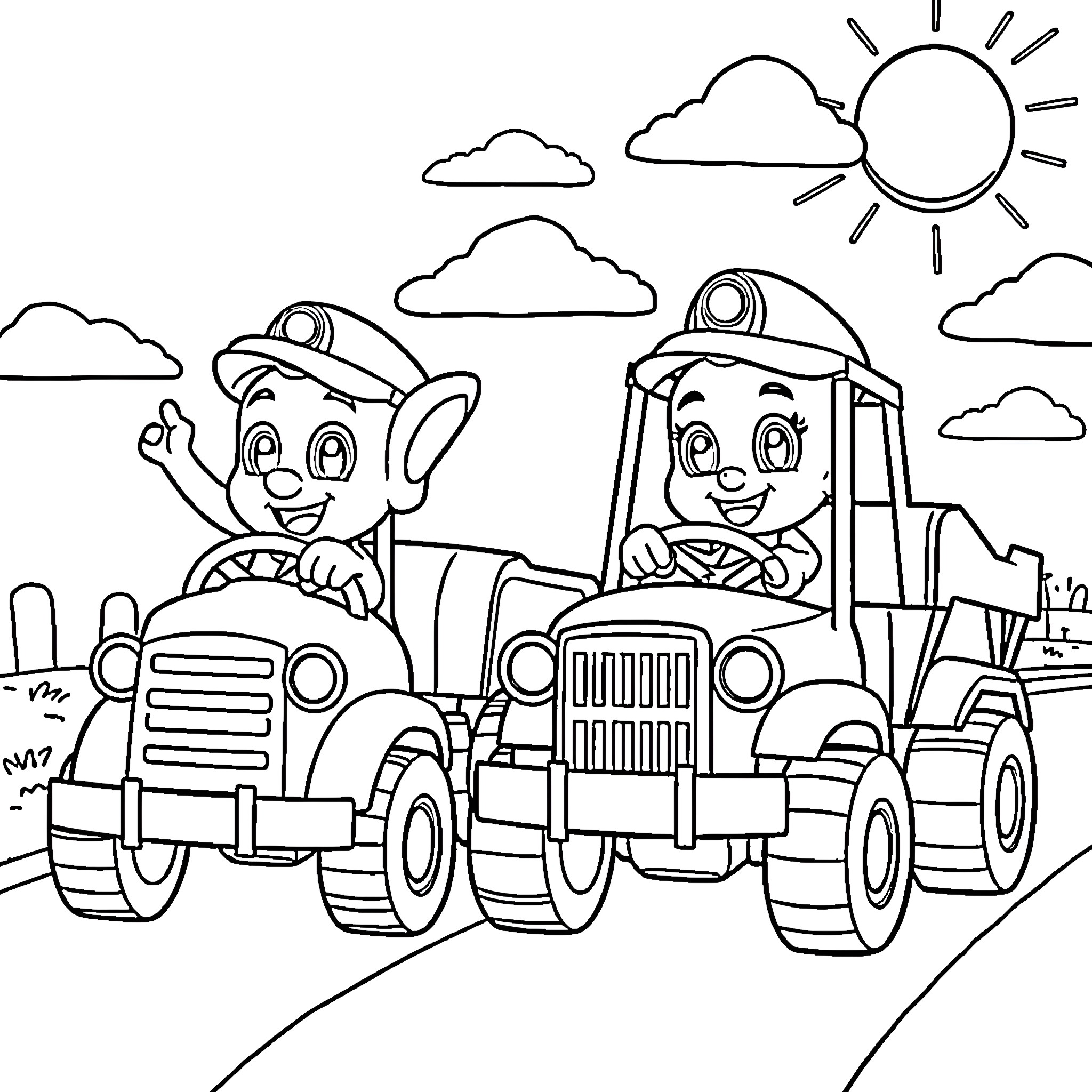 Bluey and friends driving tractors on a sunny day Coloring Page (free black-and-white line drawing printable PDF for all, from beginners to advanced learners, including children, teens, adults, and seniors)