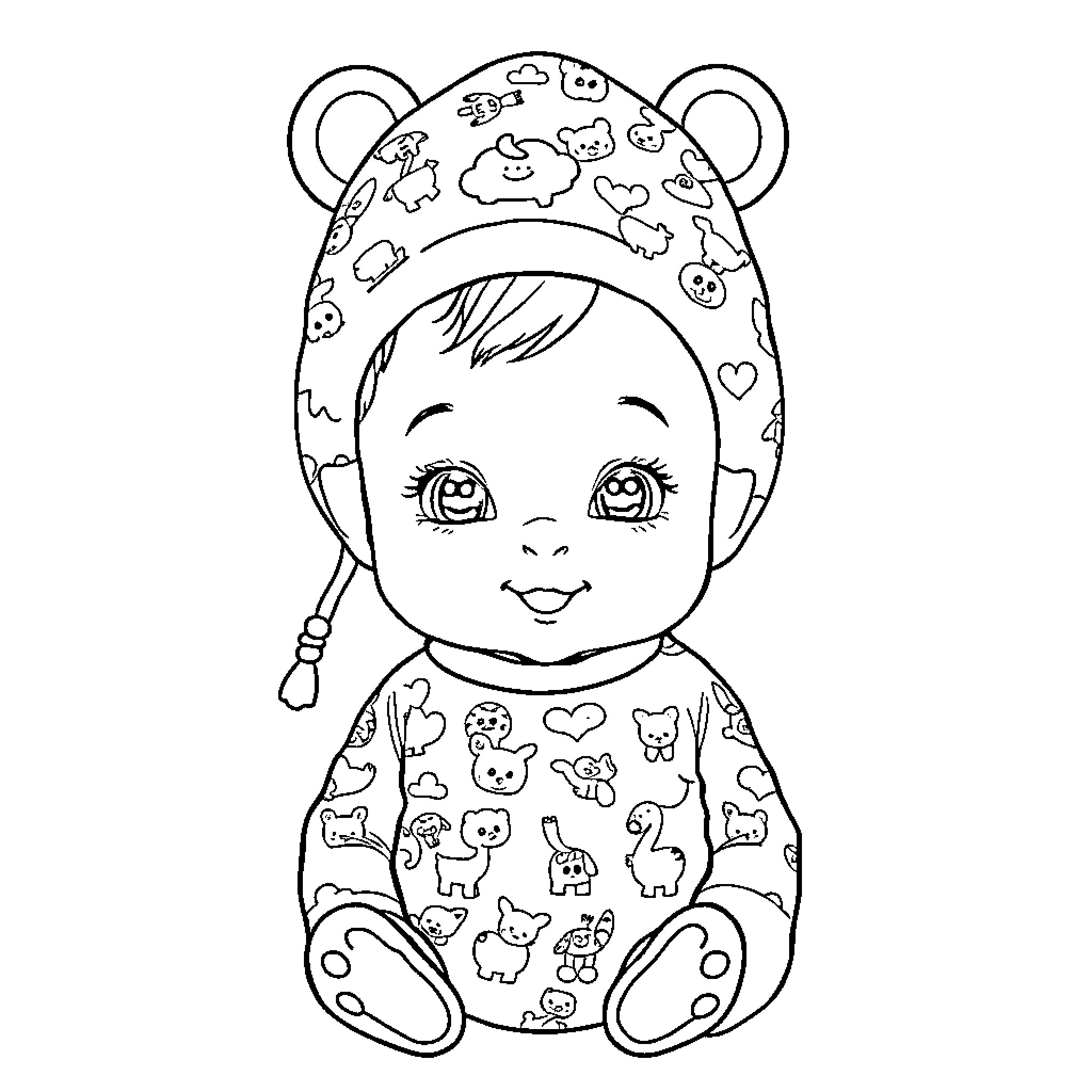 Baby wearing adorable animal-patterned outfit Coloring Page (free black-and-white line drawing printable PDF for all, from beginners to advanced learners, including children, teens, adults, and seniors)