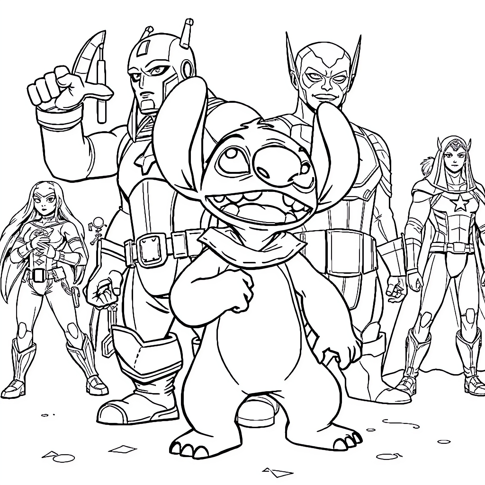 Lilo and friends in action-packed adventure Coloring Page (free black-and-white line drawing printable PDF for all, from beginners to advanced learners, including children, teens, adults, and seniors)