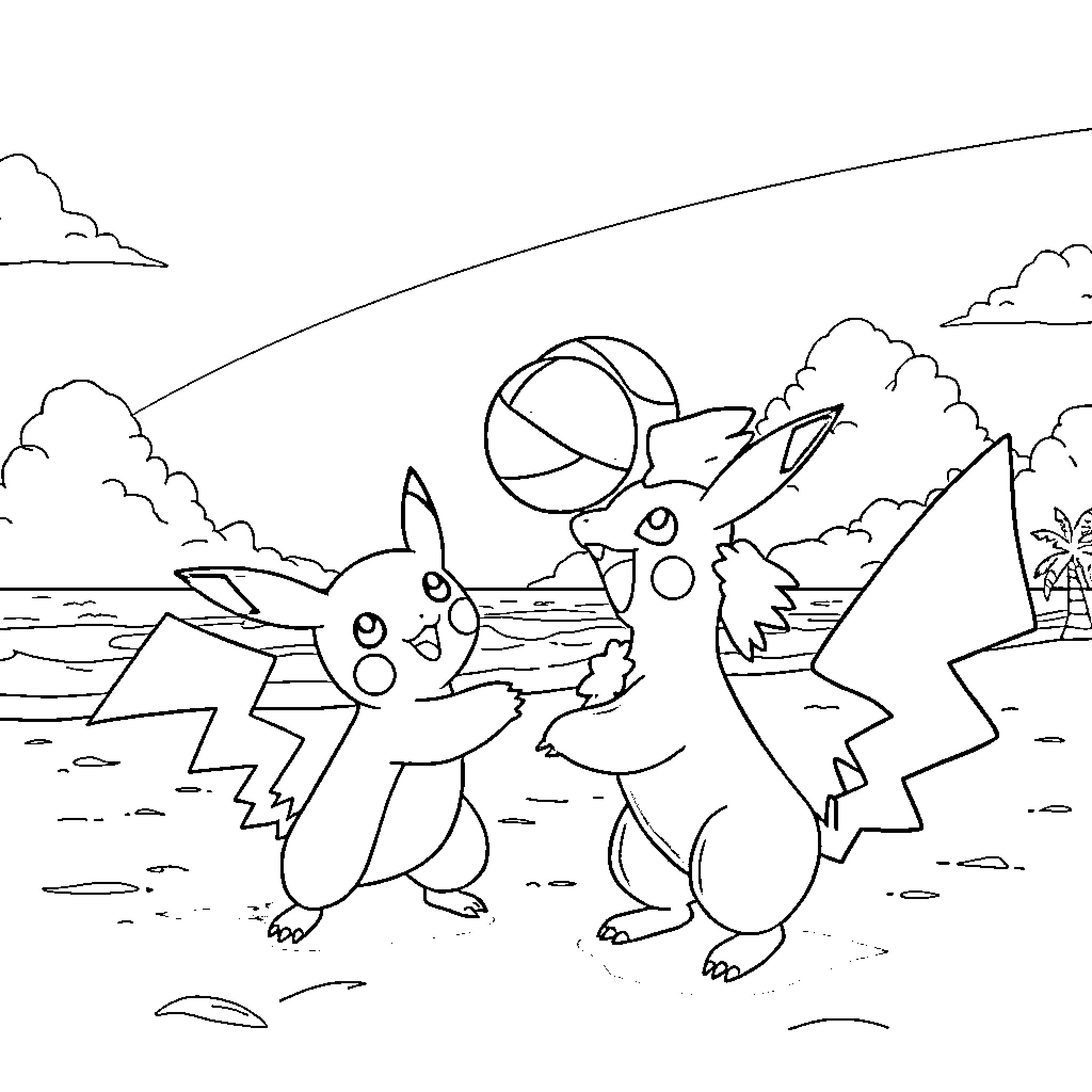 Pokémon characters playing in a natural setting Coloring Page (free black-and-white line drawing printable PDF for all, from beginners to advanced learners, including children, teens, adults, and seniors)