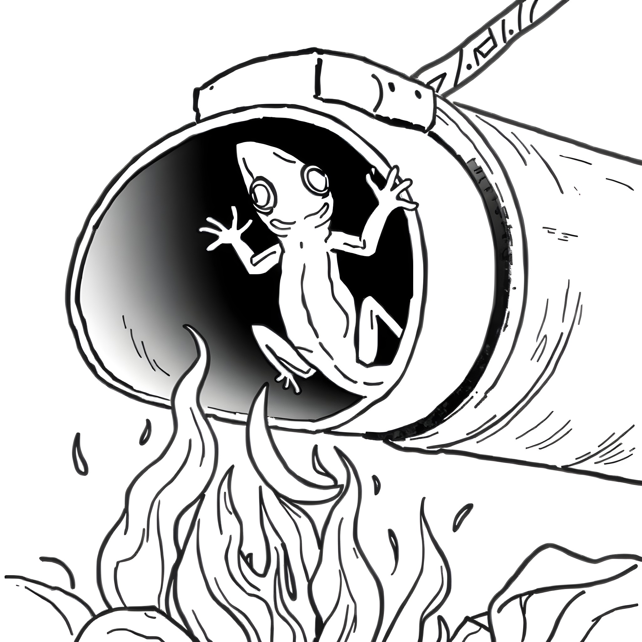 Salamander emerging from a pipe in the dark Coloring Page (free black-and-white line drawing printable PDF for all, from beginners to advanced learners, including children, teens, adults, and seniors)