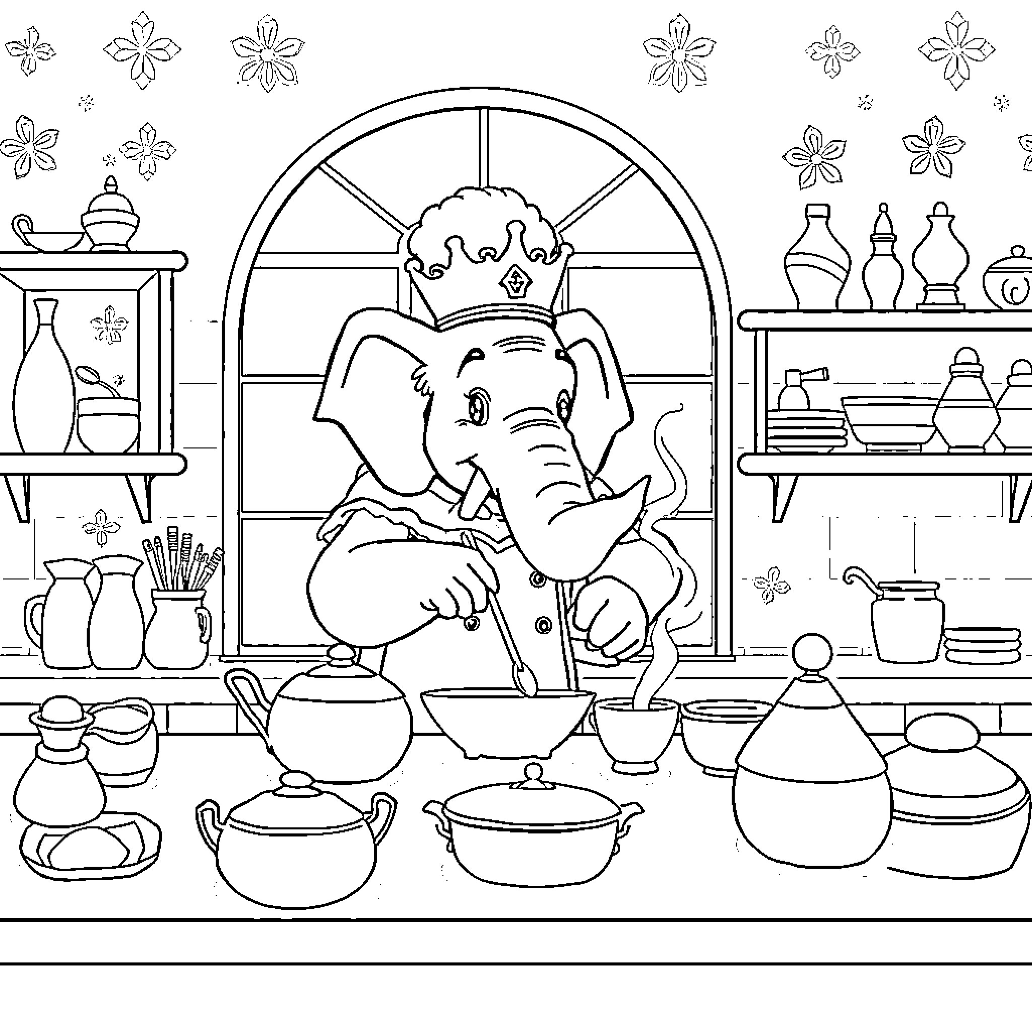 Babar the Elephant Cooking in a Kitchen Coloring Page (free black-and-white line drawing printable PDF for all, from beginners to advanced learners, including children, teens, adults, and seniors)