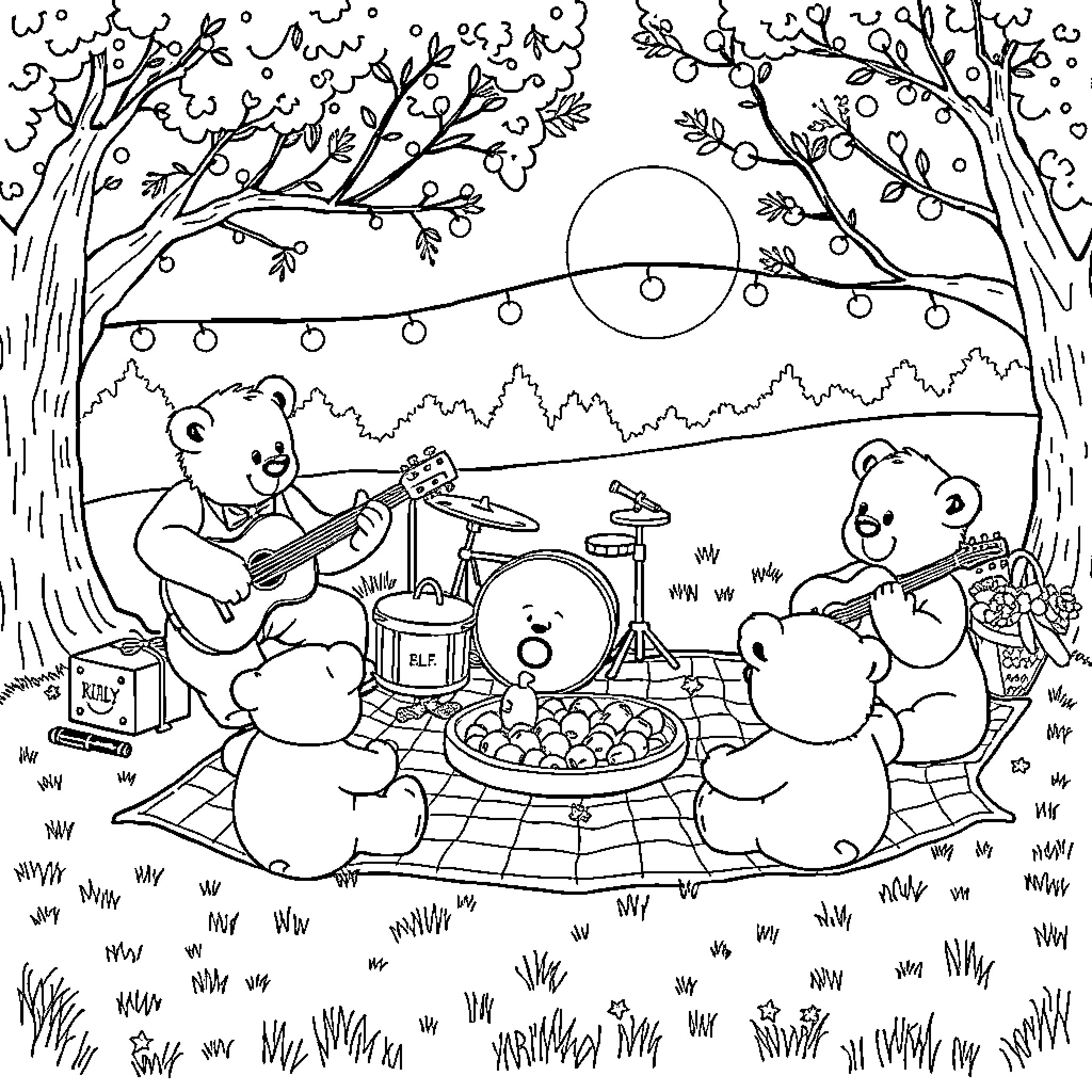 Teddy Bears Enjoying a Musical Picnic Outdoors Coloring Page (free black-and-white line drawing printable PDF for all, from beginners to advanced learners, including children, teens, adults, and seniors)