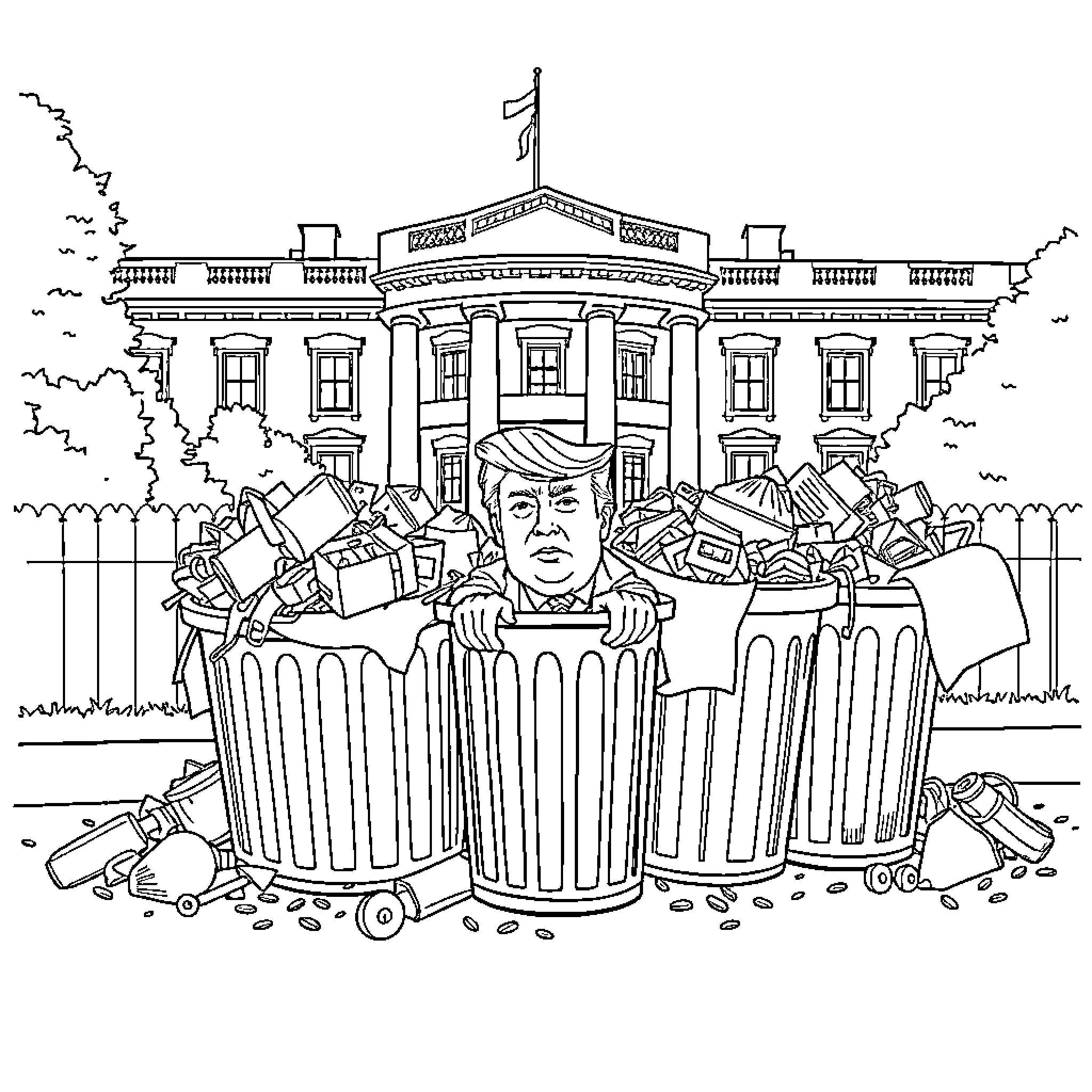 Trump buried in piles of documents outside the White House Coloring Page (free black-and-white line drawing printable PDF for all, from beginners to advanced learners, including children, teens, adults, and seniors)