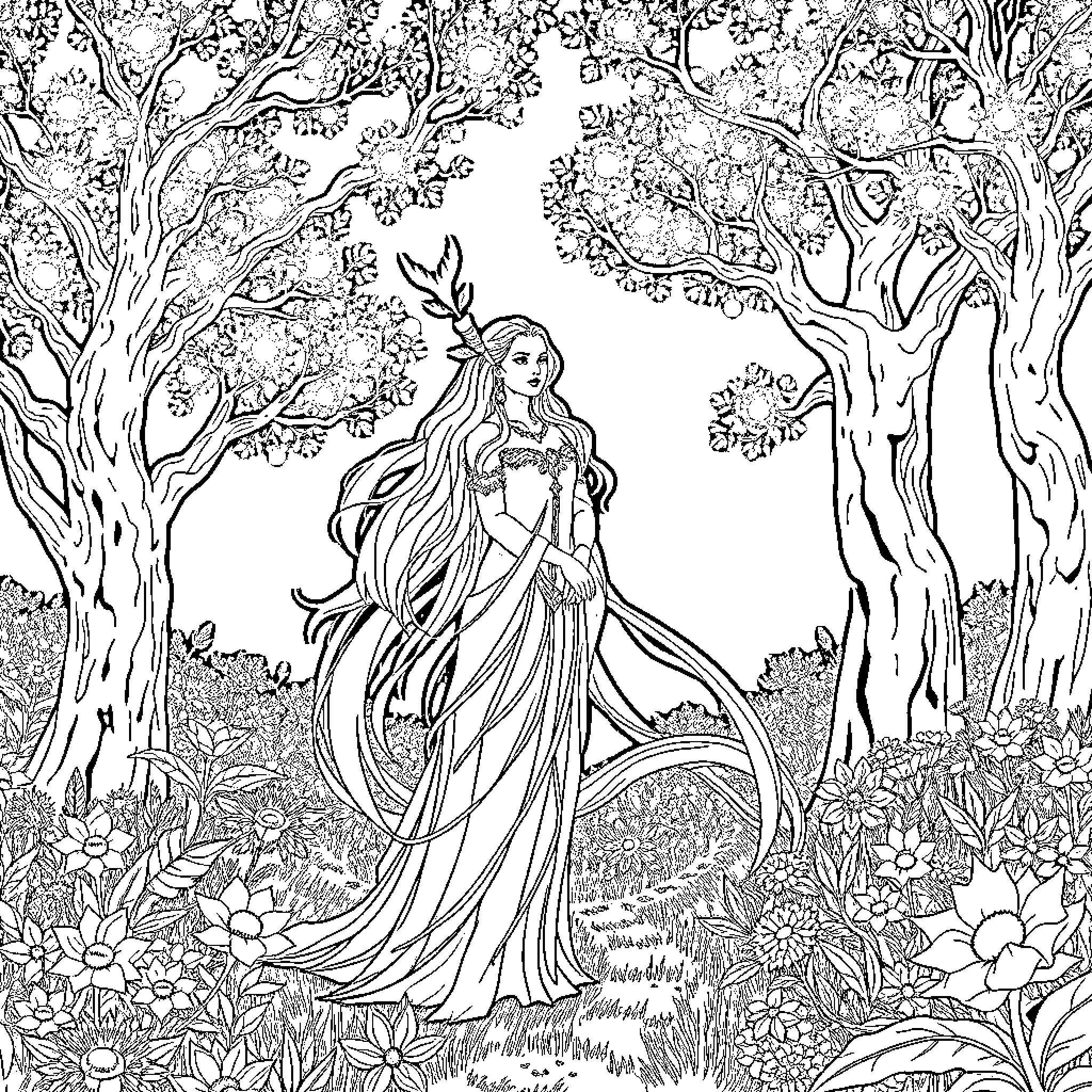 Ysera, the Dreaming Dragon, in the Enchanted Forest Coloring Page (free black-and-white line drawing printable PDF for all, from beginners to advanced learners, including children, teens, adults, and seniors)