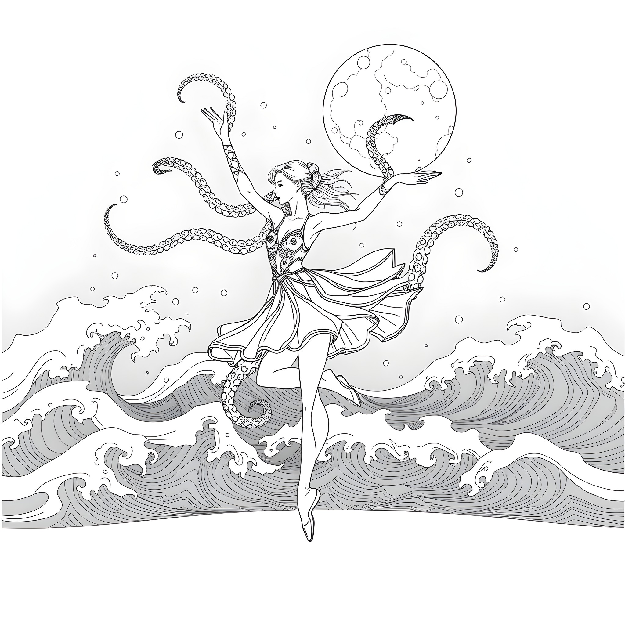 Cthulhu Dances Across the Stormy Waves Coloring Page (free black-and-white line drawing printable PDF for all, from beginners to advanced learners, including children, teens, adults, and seniors)
