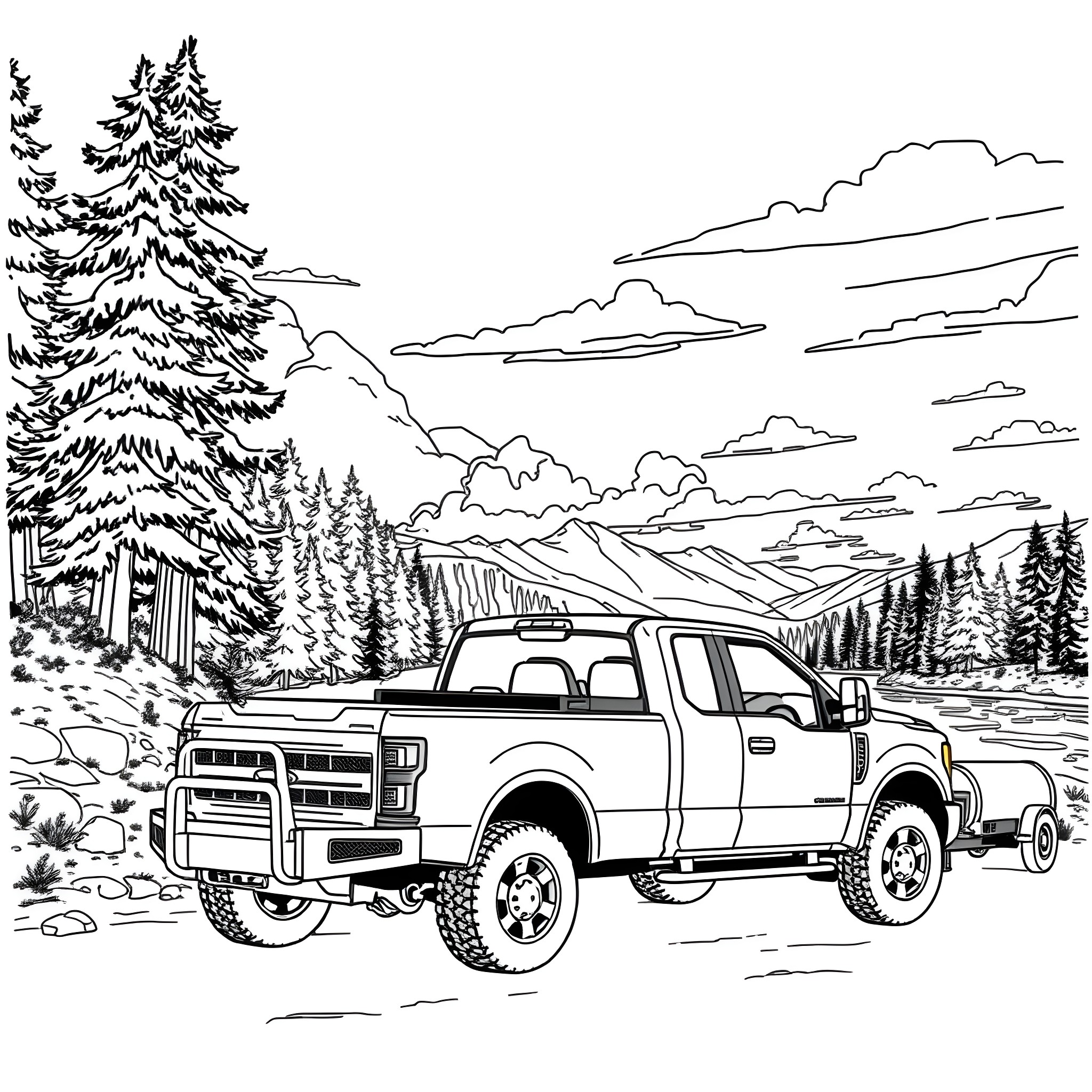 Pickup truck in the scenic wilderness Coloring Page (free black-and-white line drawing printable PDF for all, from beginners to advanced learners, including children, teens, adults, and seniors)
