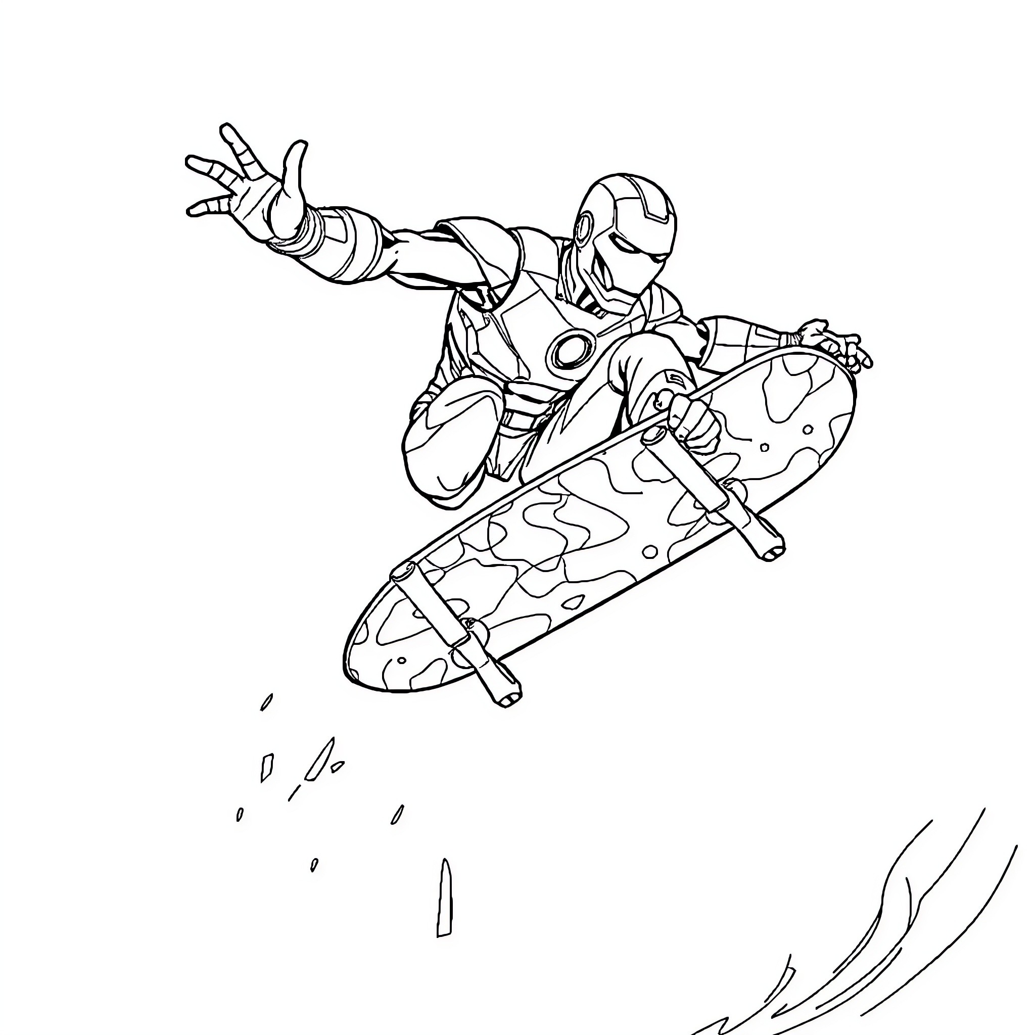 Ironman soaring through the sky on a skateboard Coloring Page (free black-and-white line drawing printable PDF for all, from beginners to advanced learners, including children, teens, adults, and seniors)