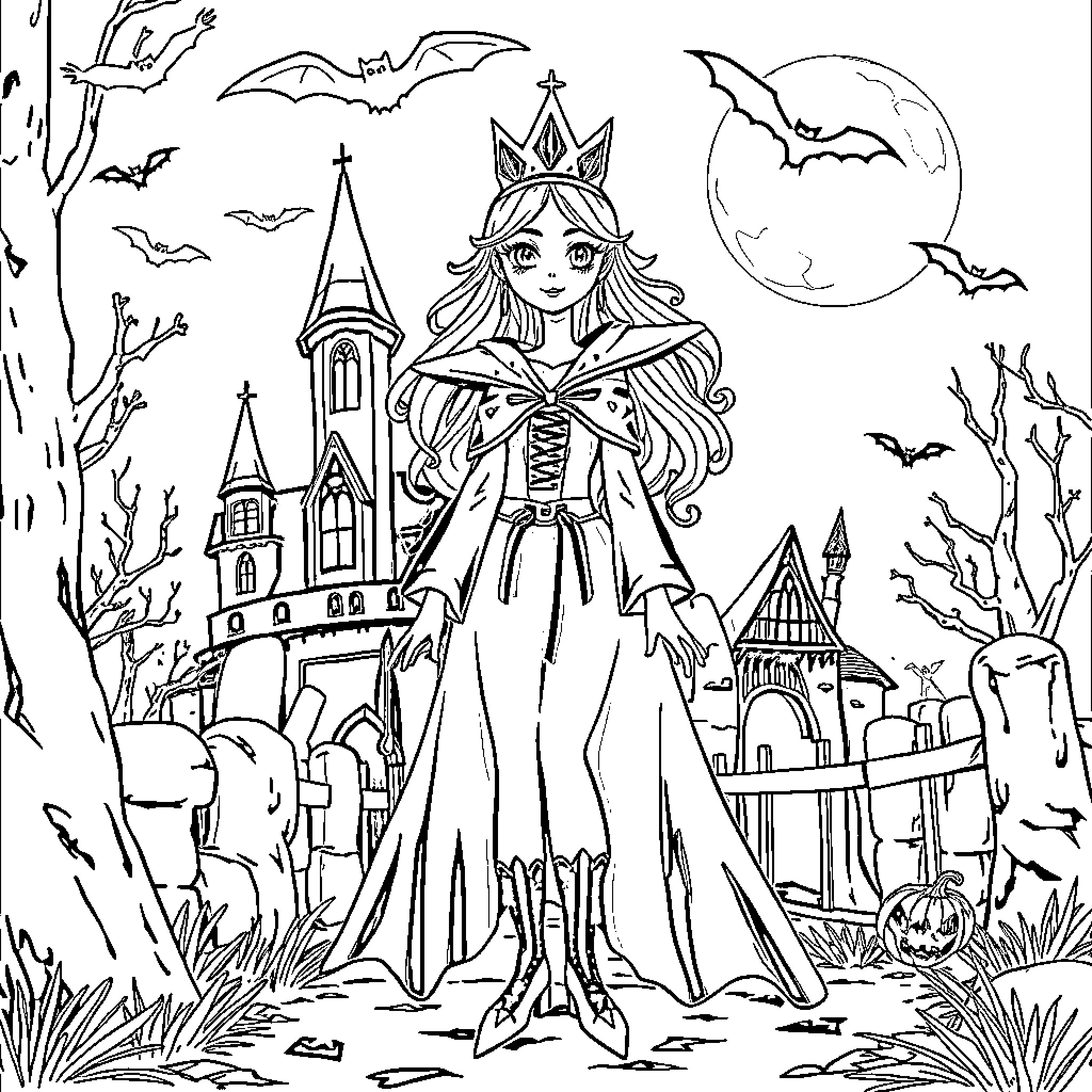 Snow Queen's Enchanting Autumn Realm Coloring Page (free black-and-white line drawing printable PDF for all, from beginners to advanced learners, including children, teens, adults, and seniors)