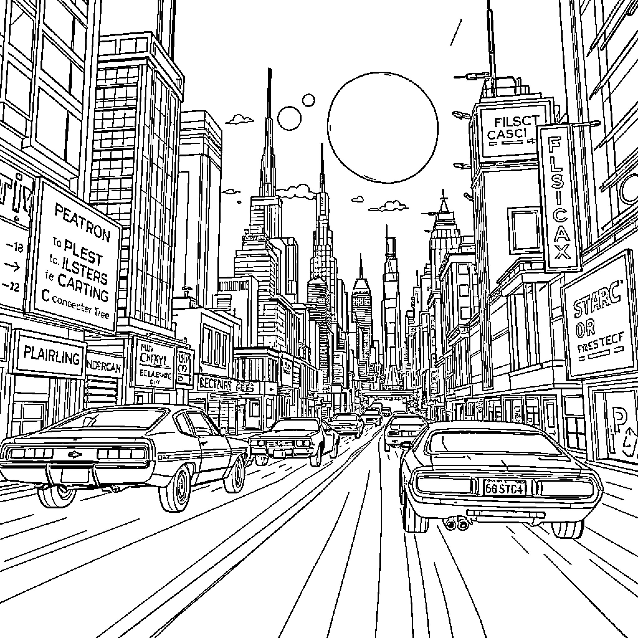 Blade Runner: Futuristic cityscape with vehicles and skyscrapers Coloring Page (free black-and-white line drawing printable PDF for all, from beginners to advanced learners, including children, teens, adults, and seniors)
