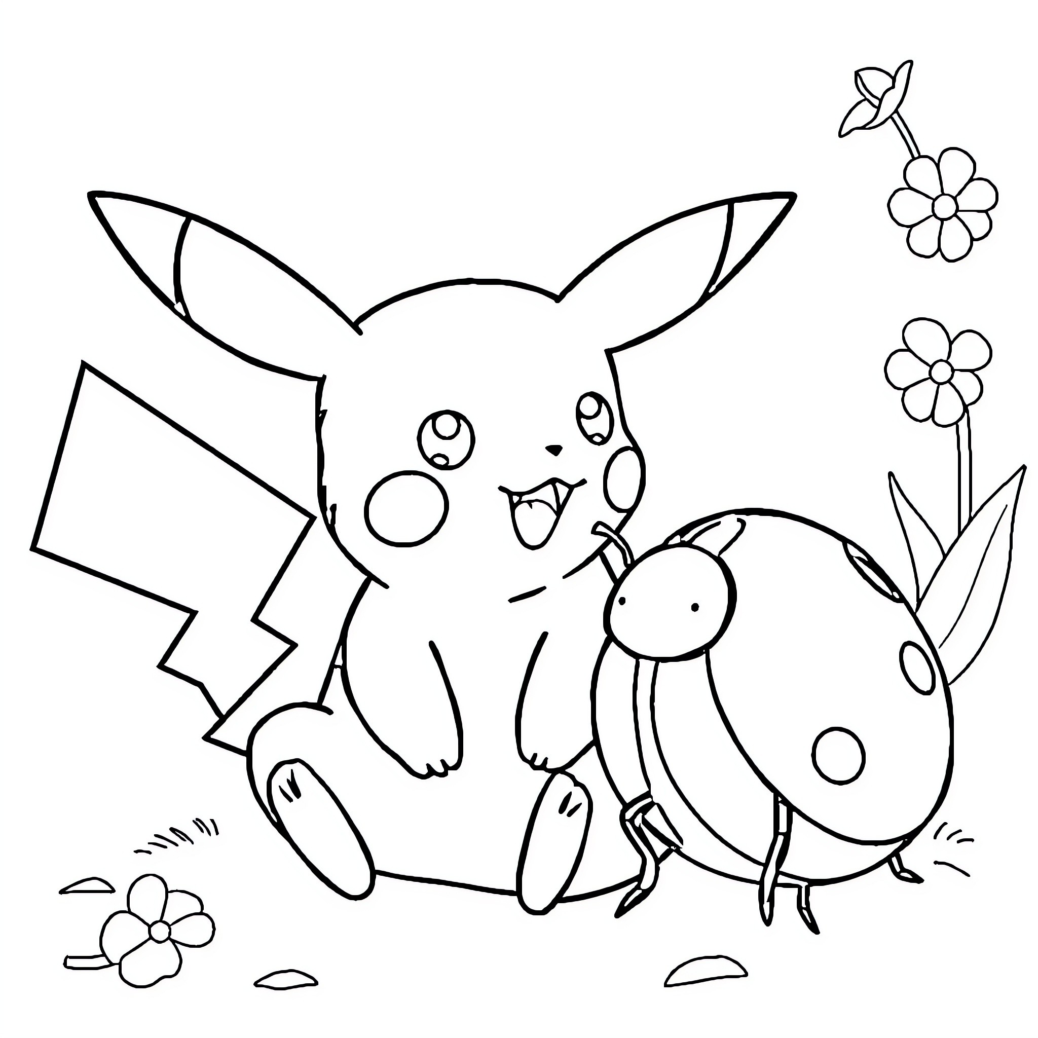Pikachu playing with adorable friend in nature Coloring Page (free black-and-white line drawing printable PDF for all, from beginners to advanced learners, including children, teens, adults, and seniors)