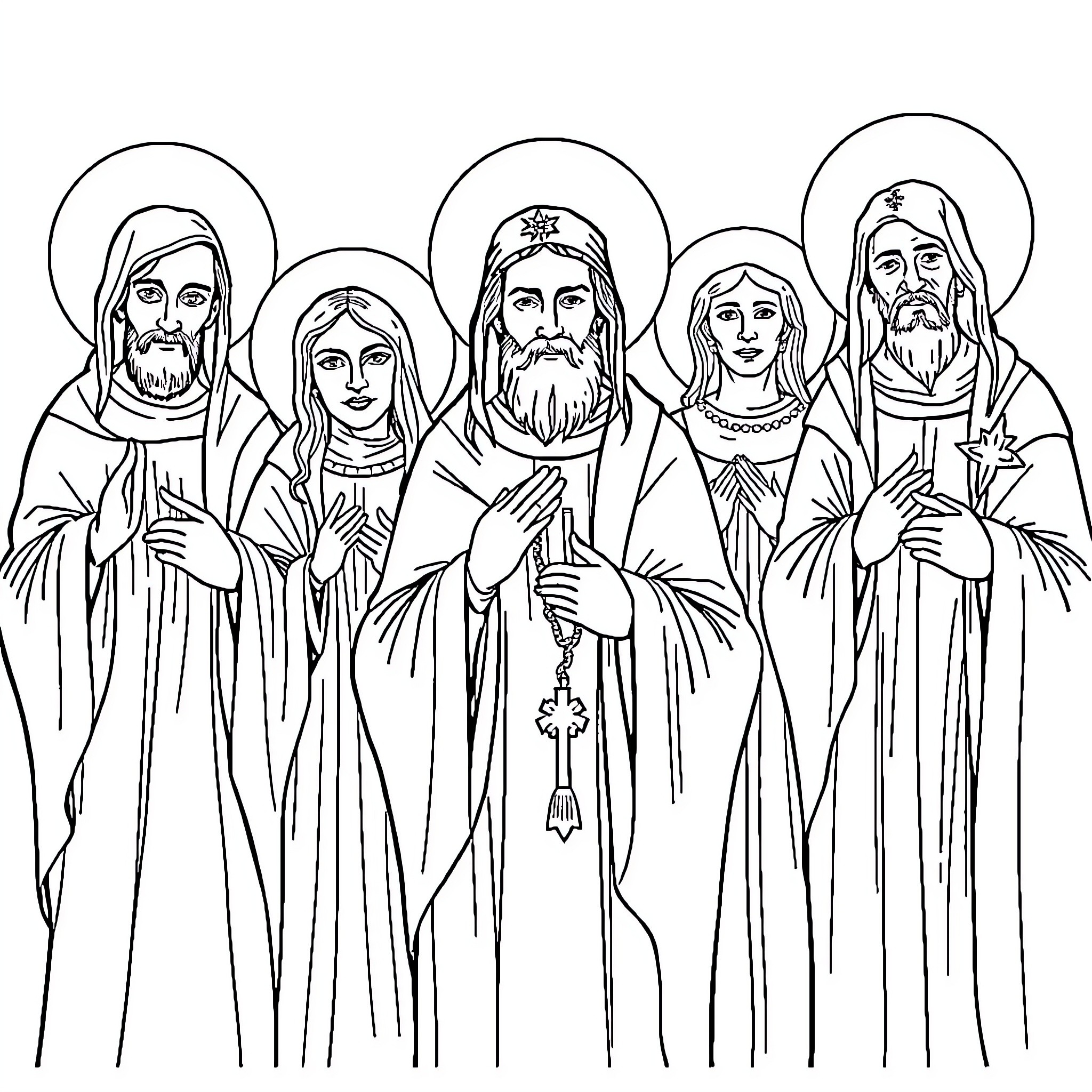 Saint Figures in Solemn Religious Gathering Coloring Page (free black-and-white line drawing printable PDF for all, from beginners to advanced learners, including children, teens, adults, and seniors)