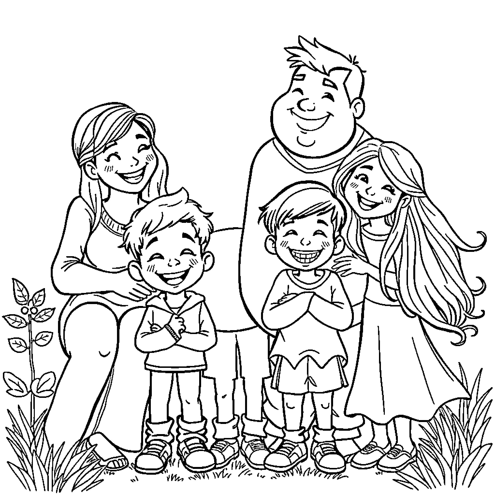 Family Enjoying Time Together Outdoors Coloring Page (free black-and-white line drawing printable PDF for all, from beginners to advanced learners, including children, teens, adults, and seniors)