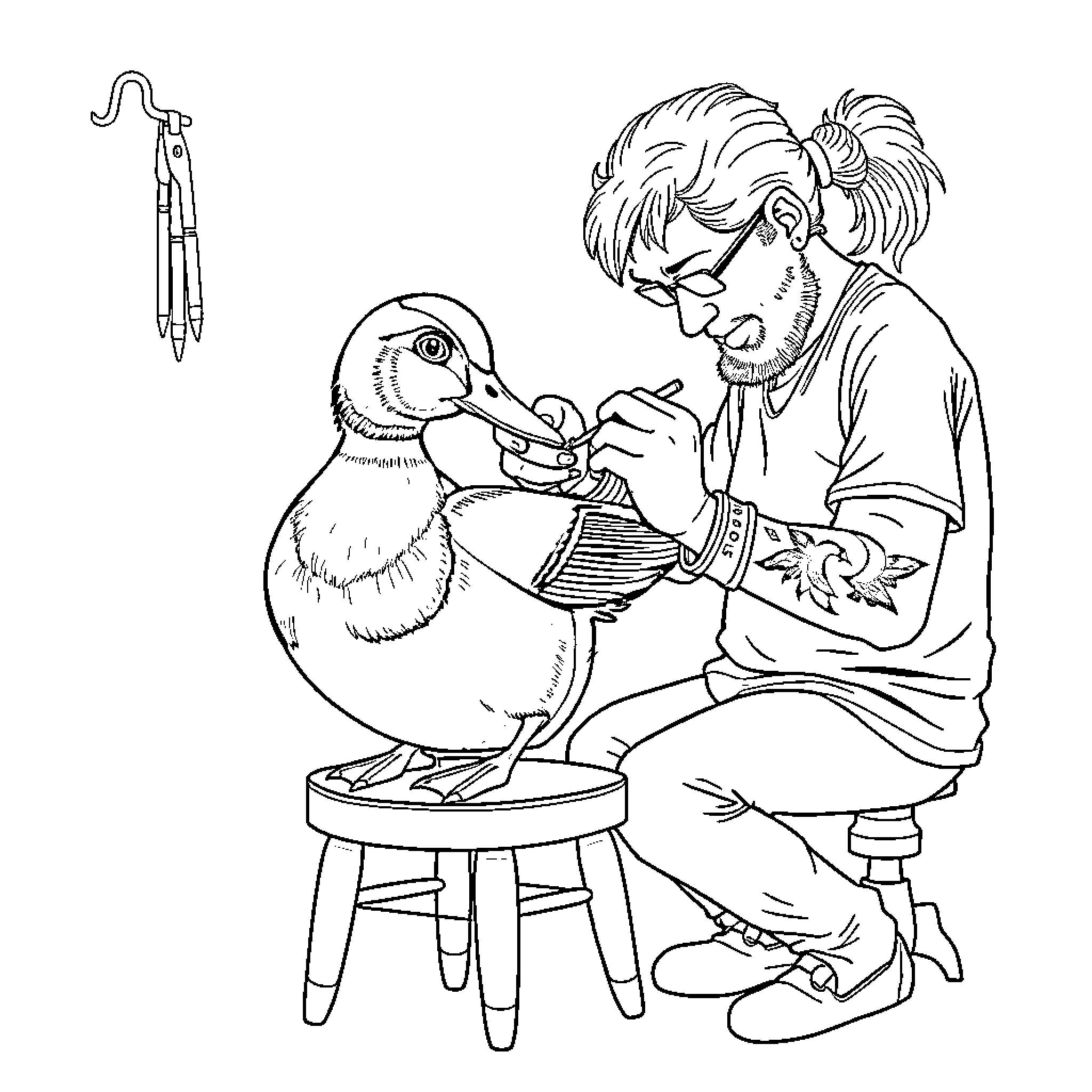 Duck being cared for by a person Coloring Page (free black-and-white line drawing printable PDF for all, from beginners to advanced learners, including children, teens, adults, and seniors)