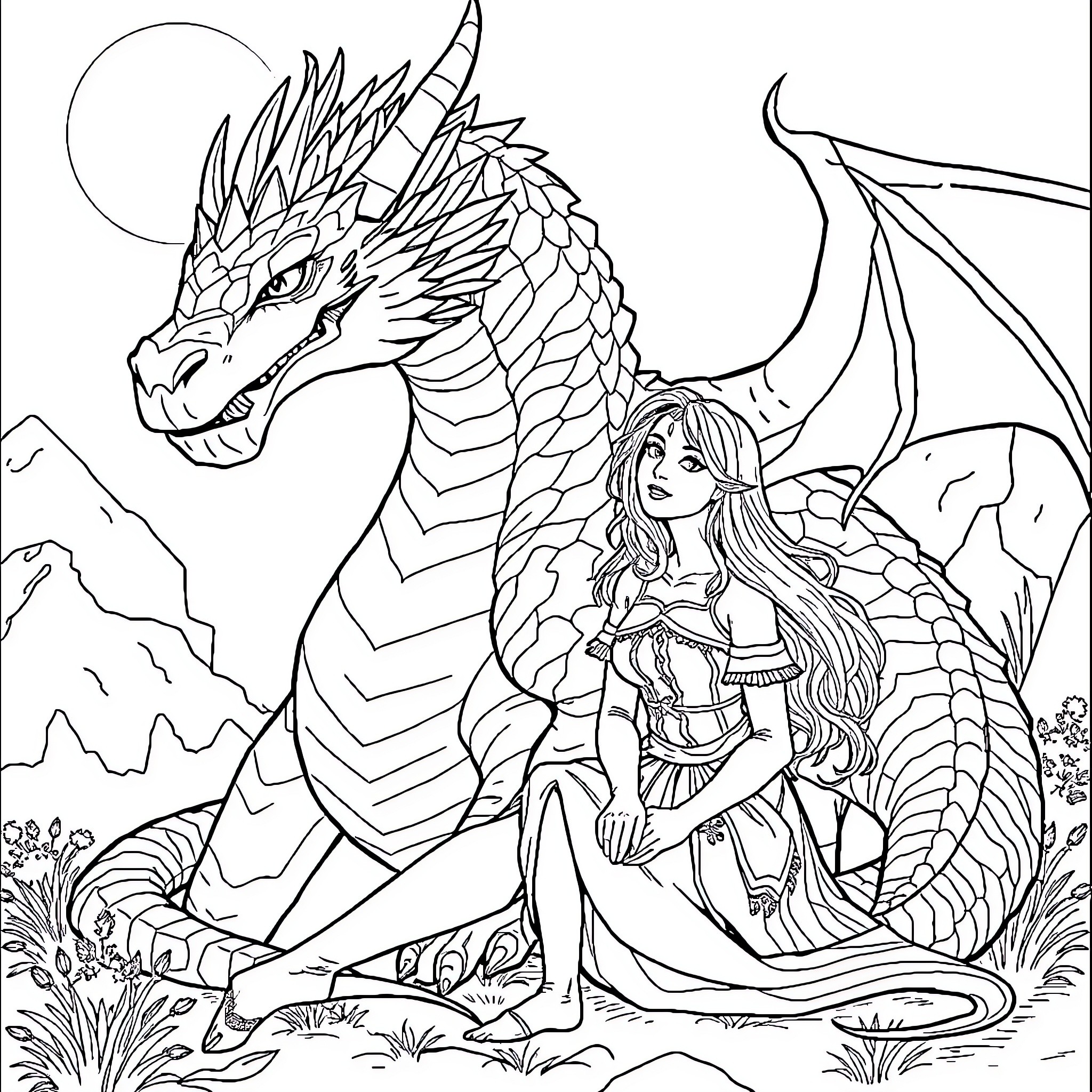 Astrid and the Majestic Dragon Coloring Page (free black-and-white line drawing printable PDF for all, from beginners to advanced learners, including children, teens, adults, and seniors)