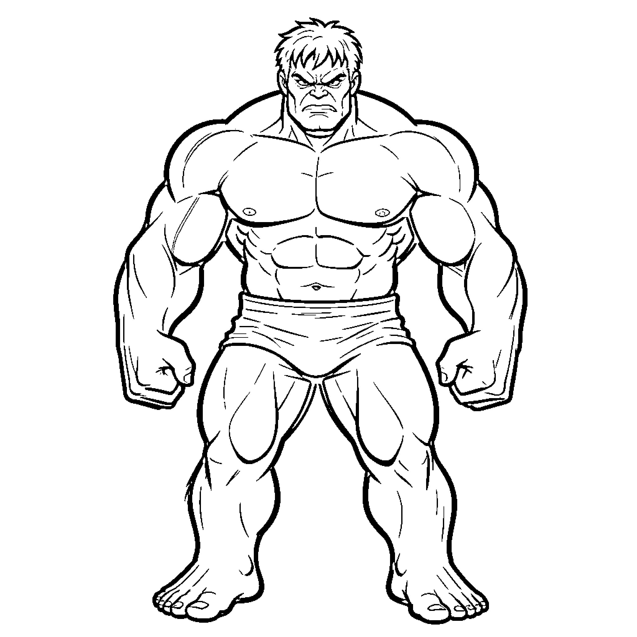 Hulk Flexing Muscular Physique in Aggressive Stance Coloring Page (free black-and-white line drawing printable PDF for all, from beginners to advanced learners, including children, teens, adults, and seniors)