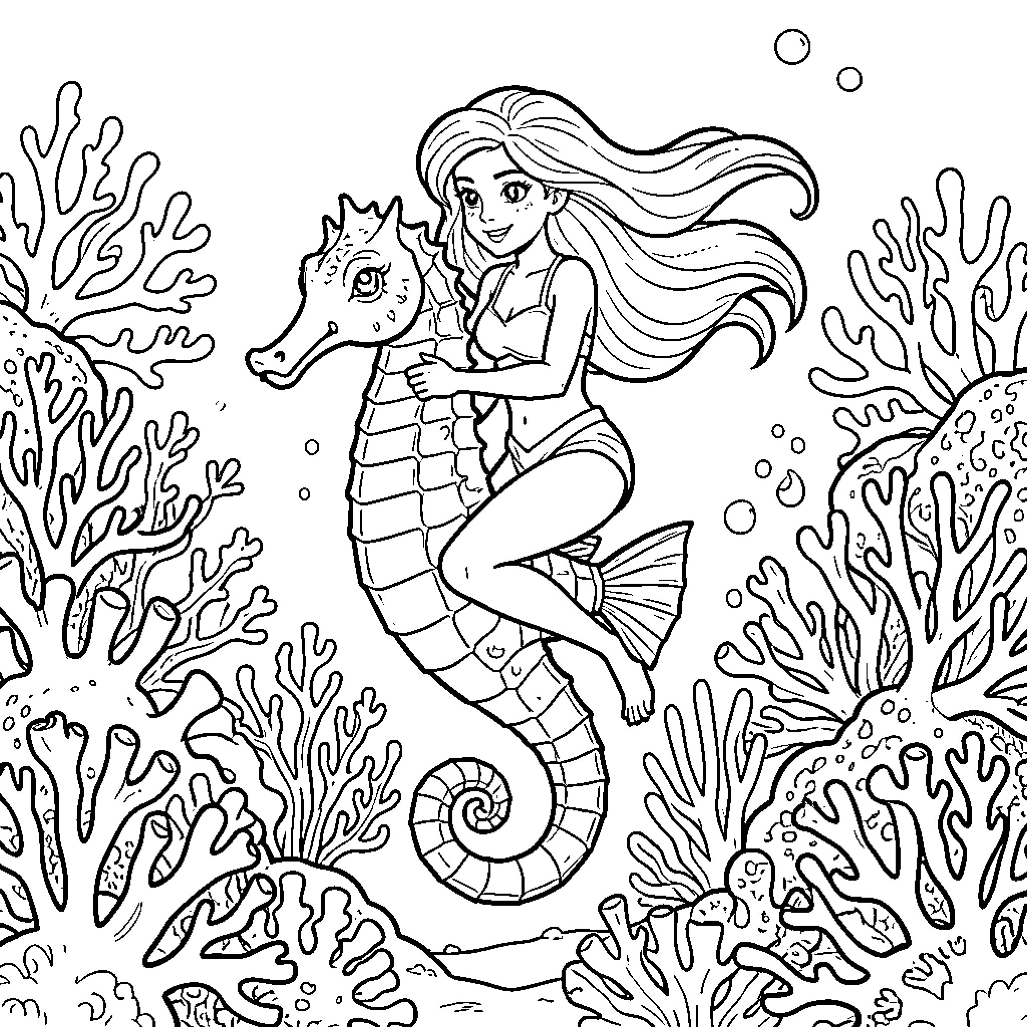 Ariel riding a large seahorse among coral reefs Coloring Page (free black-and-white line drawing printable PDF for all, from beginners to advanced learners, including children, teens, adults, and seniors)