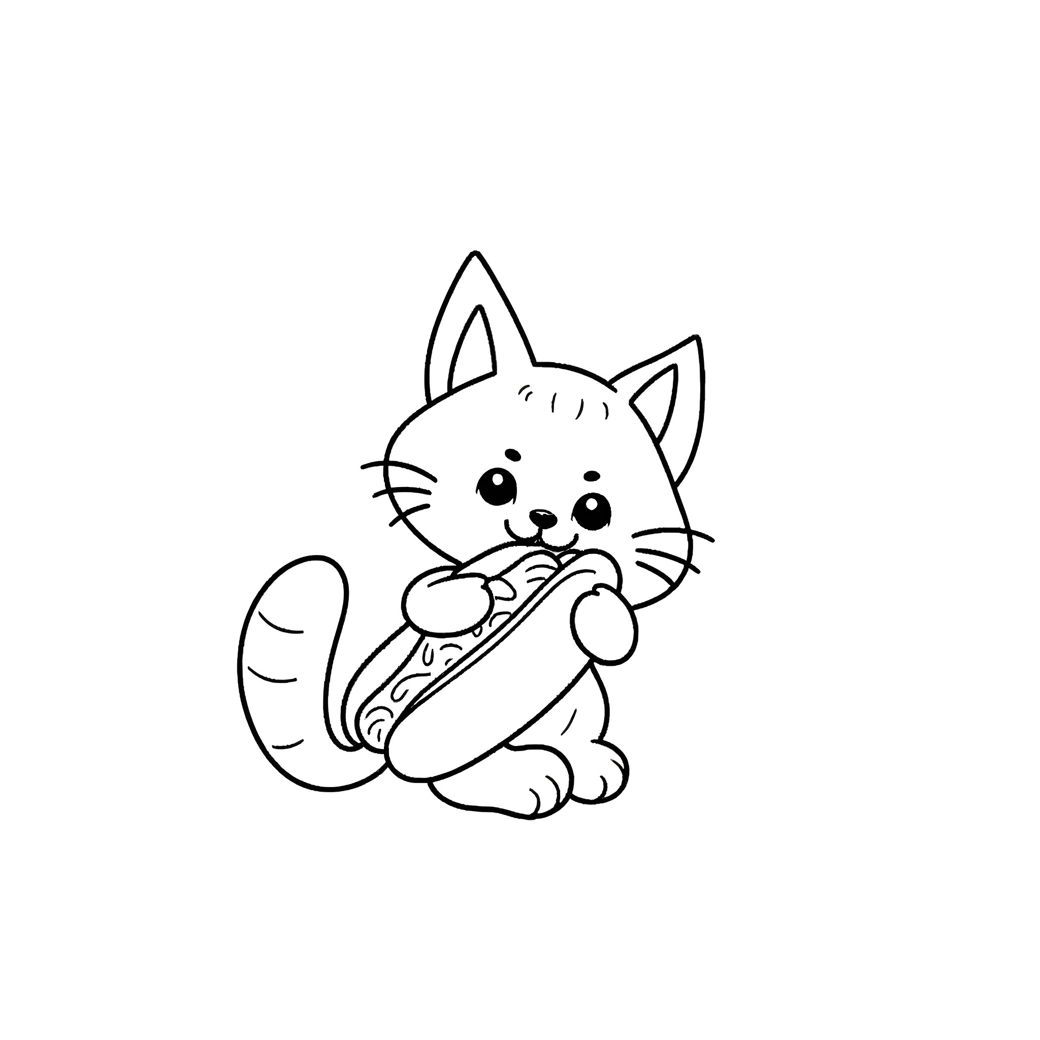 Kitty playing with toy mouse Coloring Page (free black-and-white line drawing printable PDF for all, from beginners to advanced learners, including children, teens, adults, and seniors)