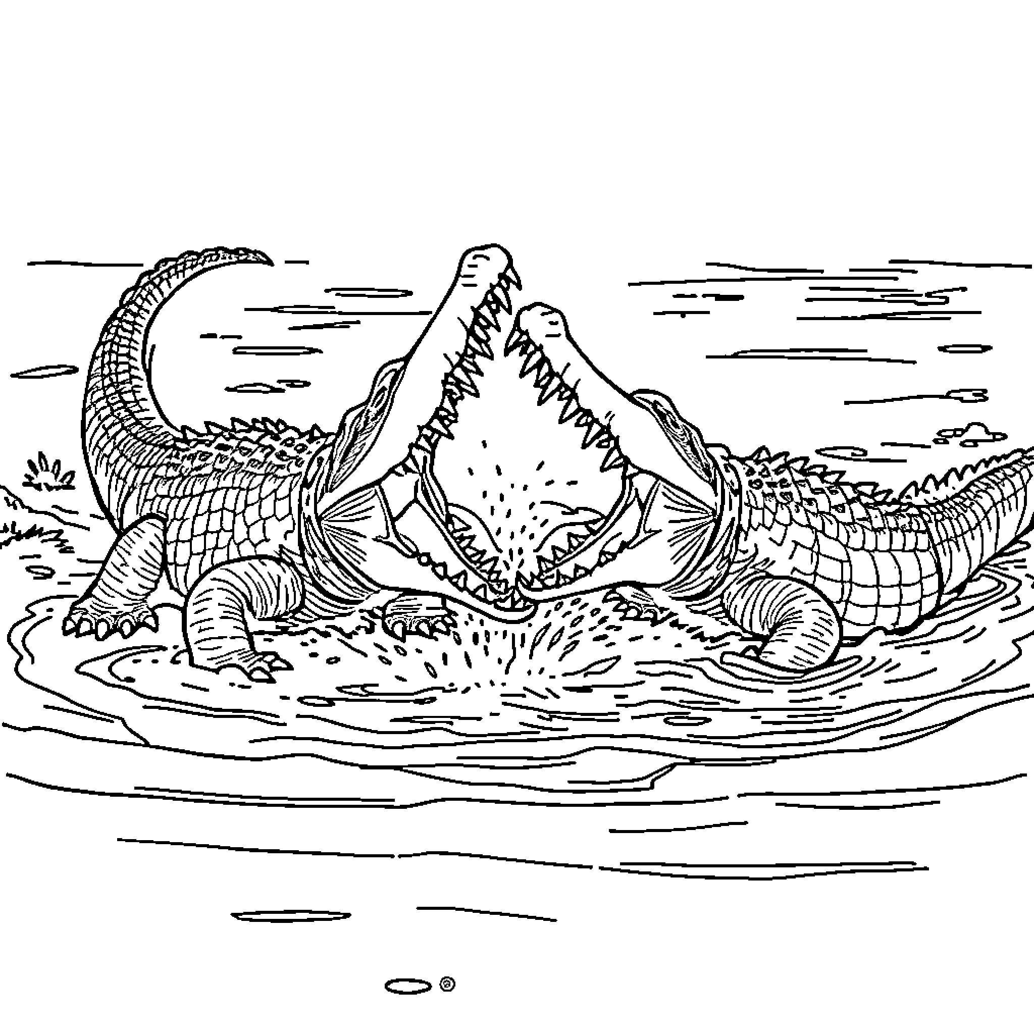 Crocodiles battling fiercely in the water Coloring Page (free black-and-white line drawing printable PDF for all, from beginners to advanced learners, including children, teens, adults, and seniors)