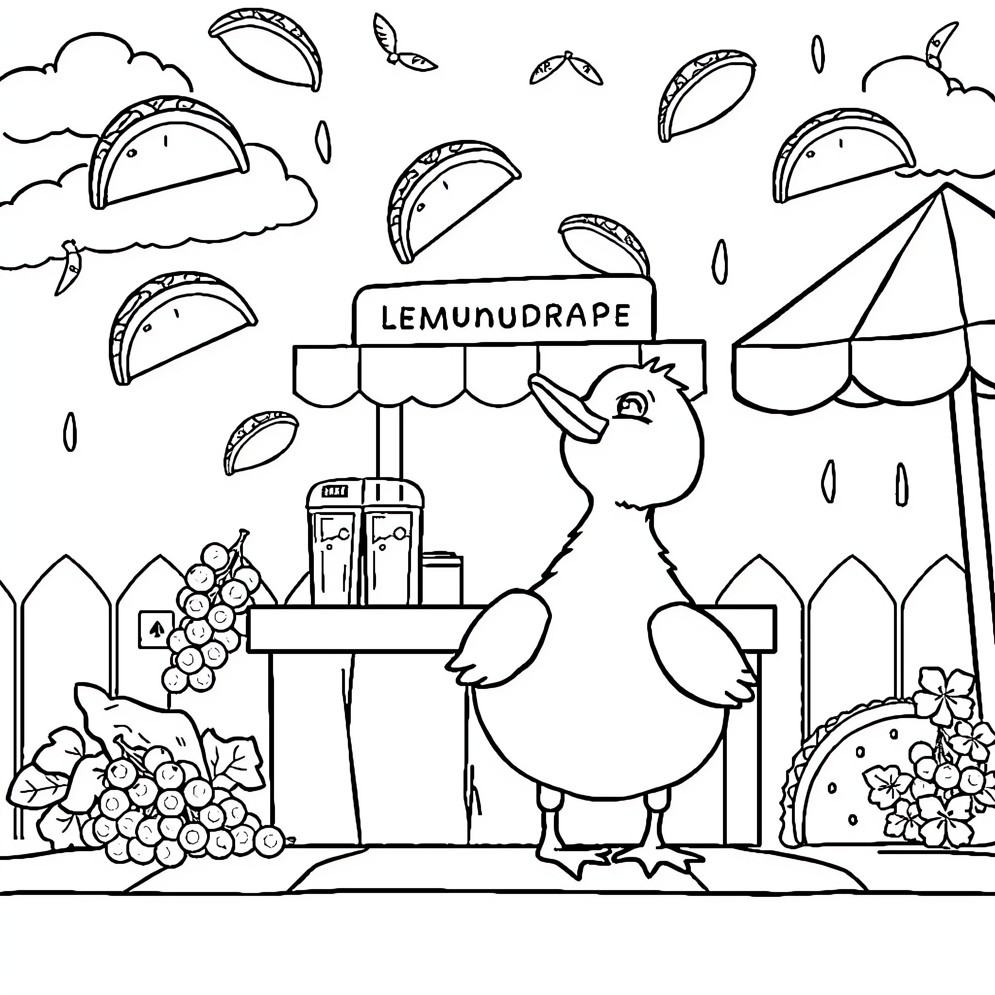 Duck selling fruit and drinks at a market stall Coloring Page (free black-and-white line drawing printable PDF for all, from beginners to advanced learners, including children, teens, adults, and seniors)