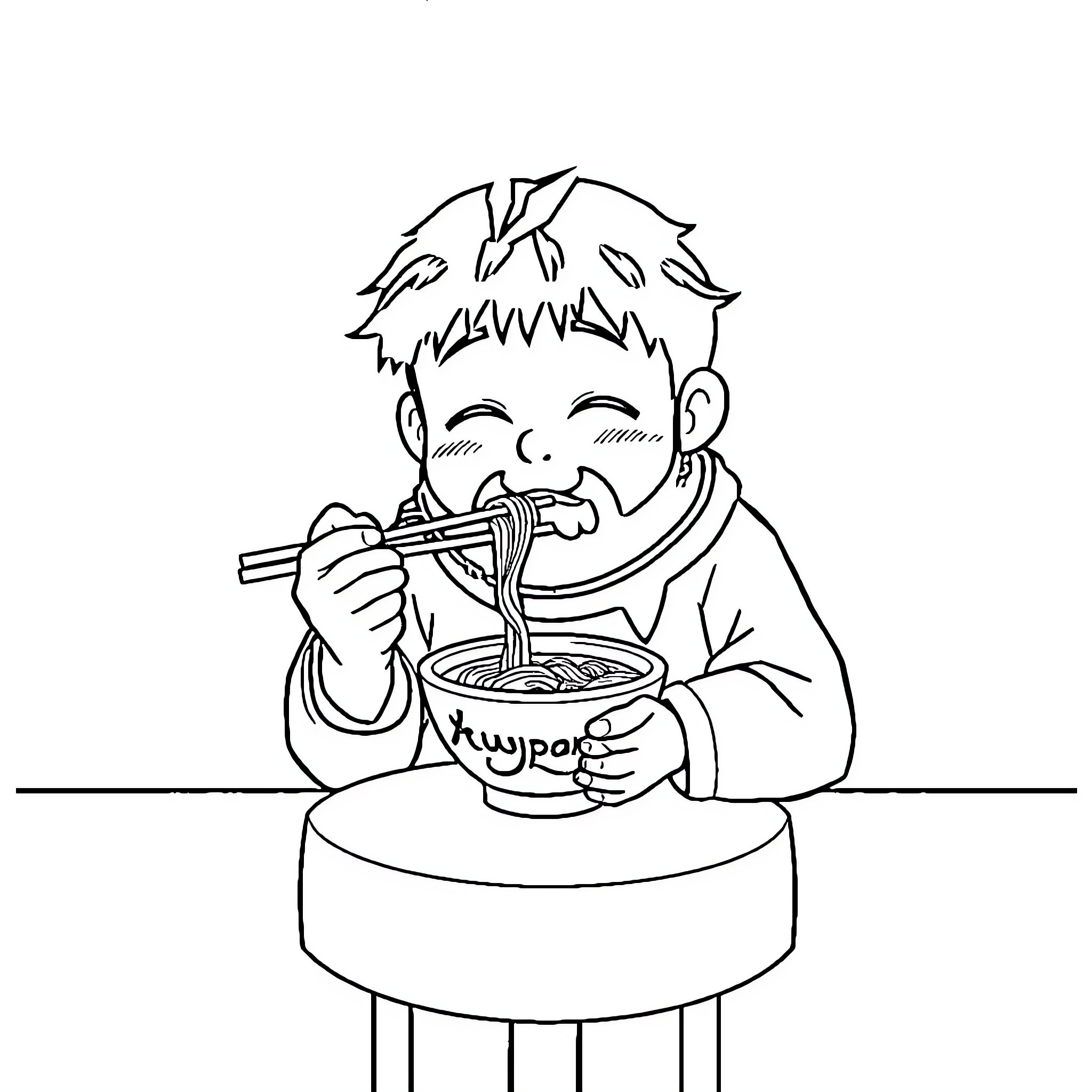 Obiwan Slurping Noodles at the Table Coloring Page (free black-and-white line drawing printable PDF for all, from beginners to advanced learners, including children, teens, adults, and seniors)