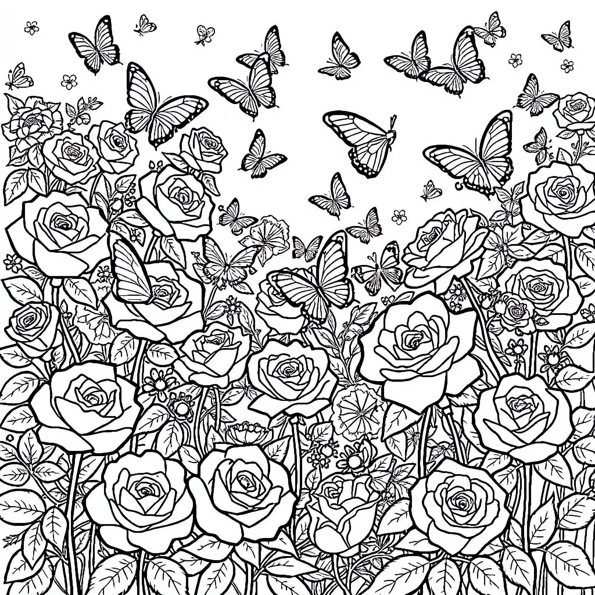 Rose Garden Blooming with Butterflies Coloring Page (free black-and-white line drawing printable PDF for all, from beginners to advanced learners, including children, teens, adults, and seniors)
