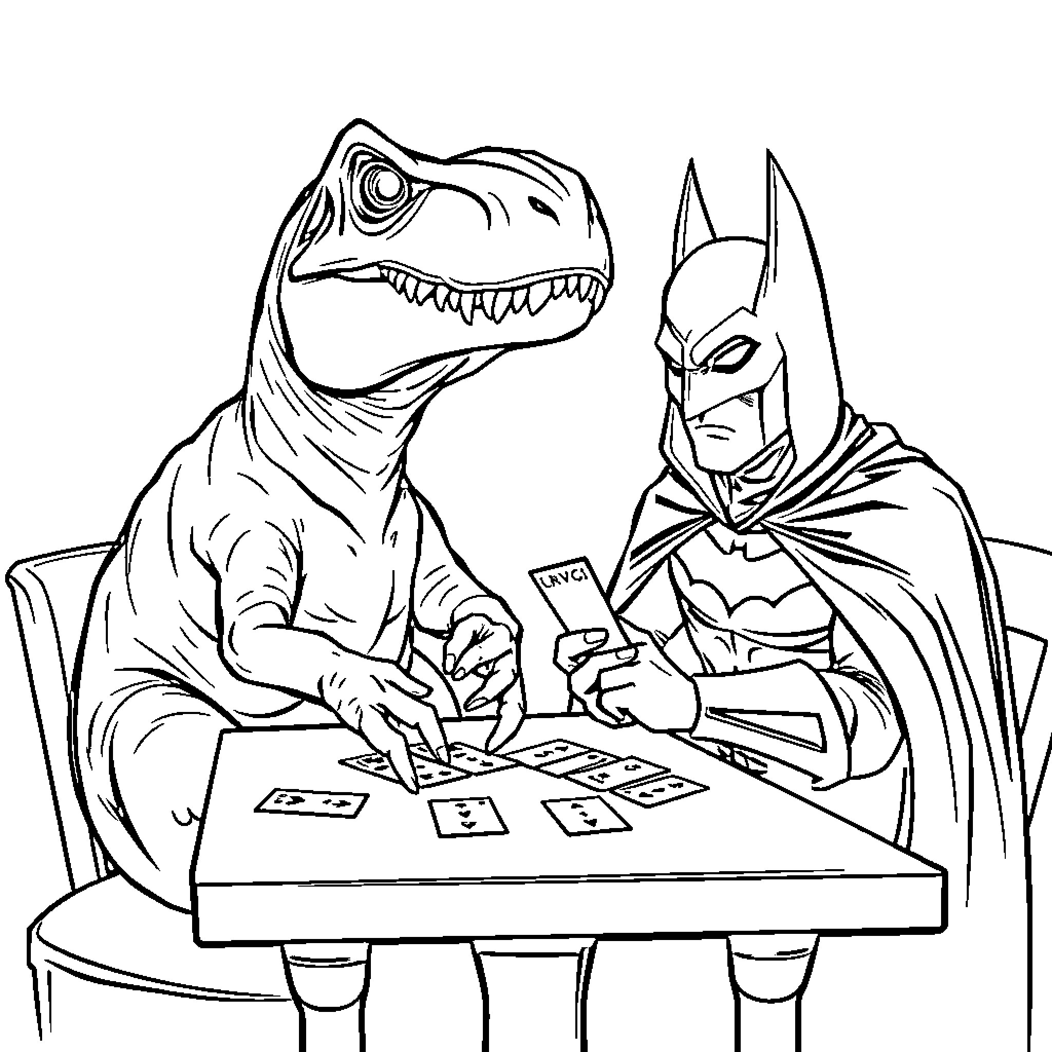 T-Rex and Batman Play Cards Coloring Page (free black-and-white line drawing printable PDF for all, from beginners to advanced learners, including children, teens, adults, and seniors)