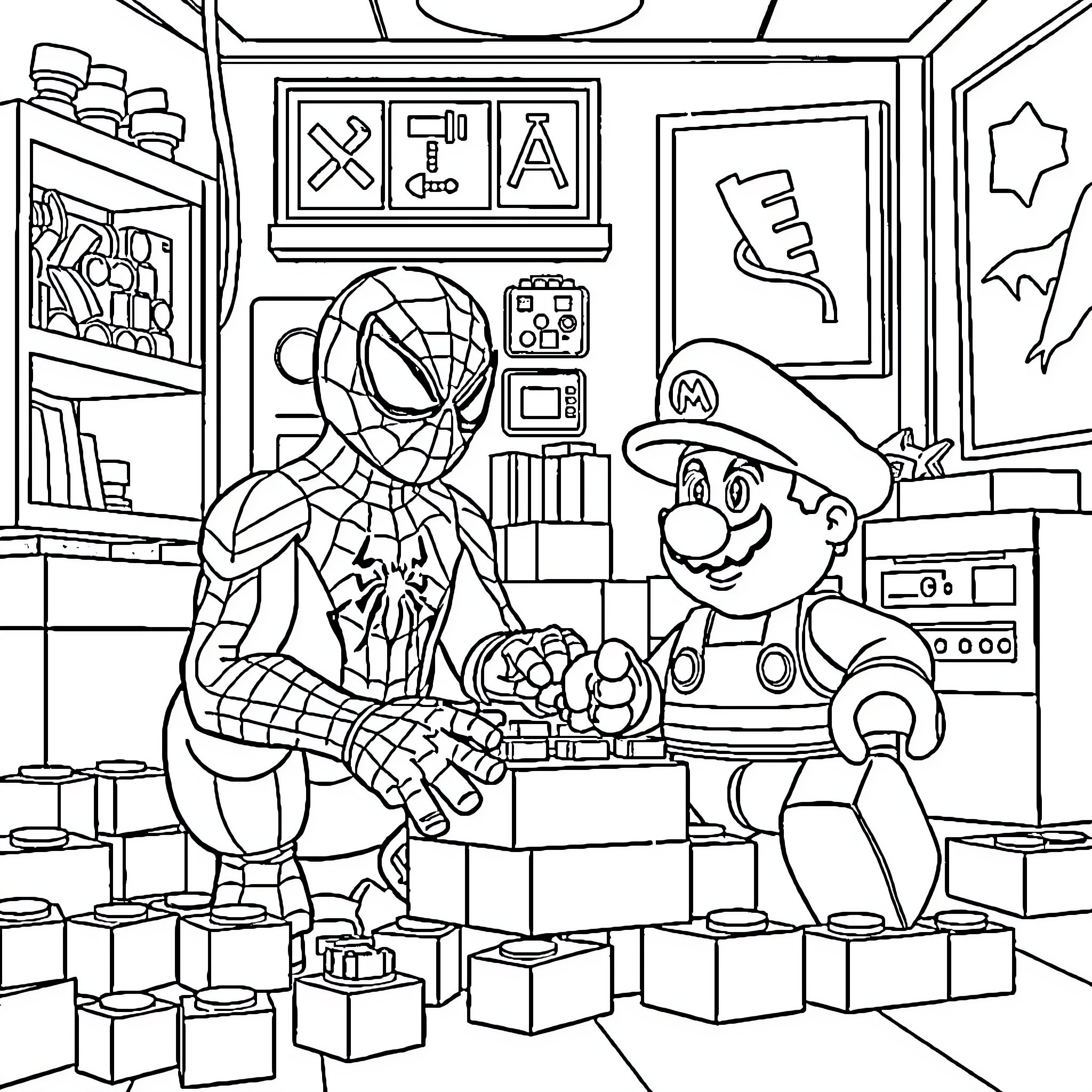 Spider-Man and Mario playing together in a game room Coloring Page (free black-and-white line drawing printable PDF for all, from beginners to advanced learners, including children, teens, adults, and seniors)