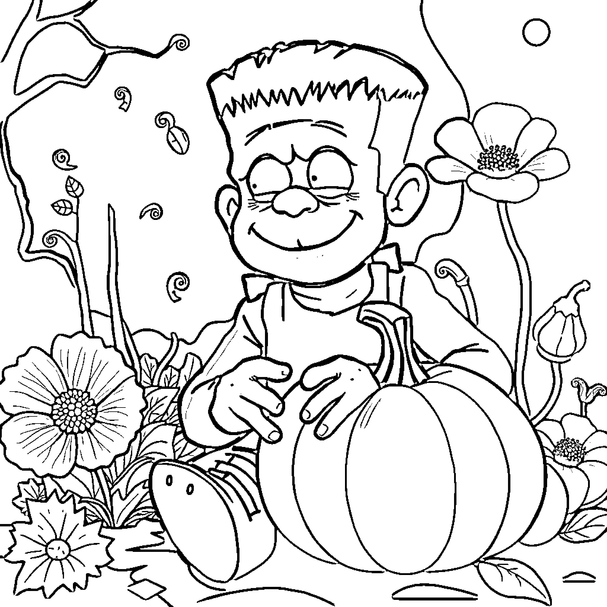 Frankenstein's Pumpkin Patch Adventure Coloring Page (free black-and-white line drawing printable PDF for all, from beginners to advanced learners, including children, teens, adults, and seniors)