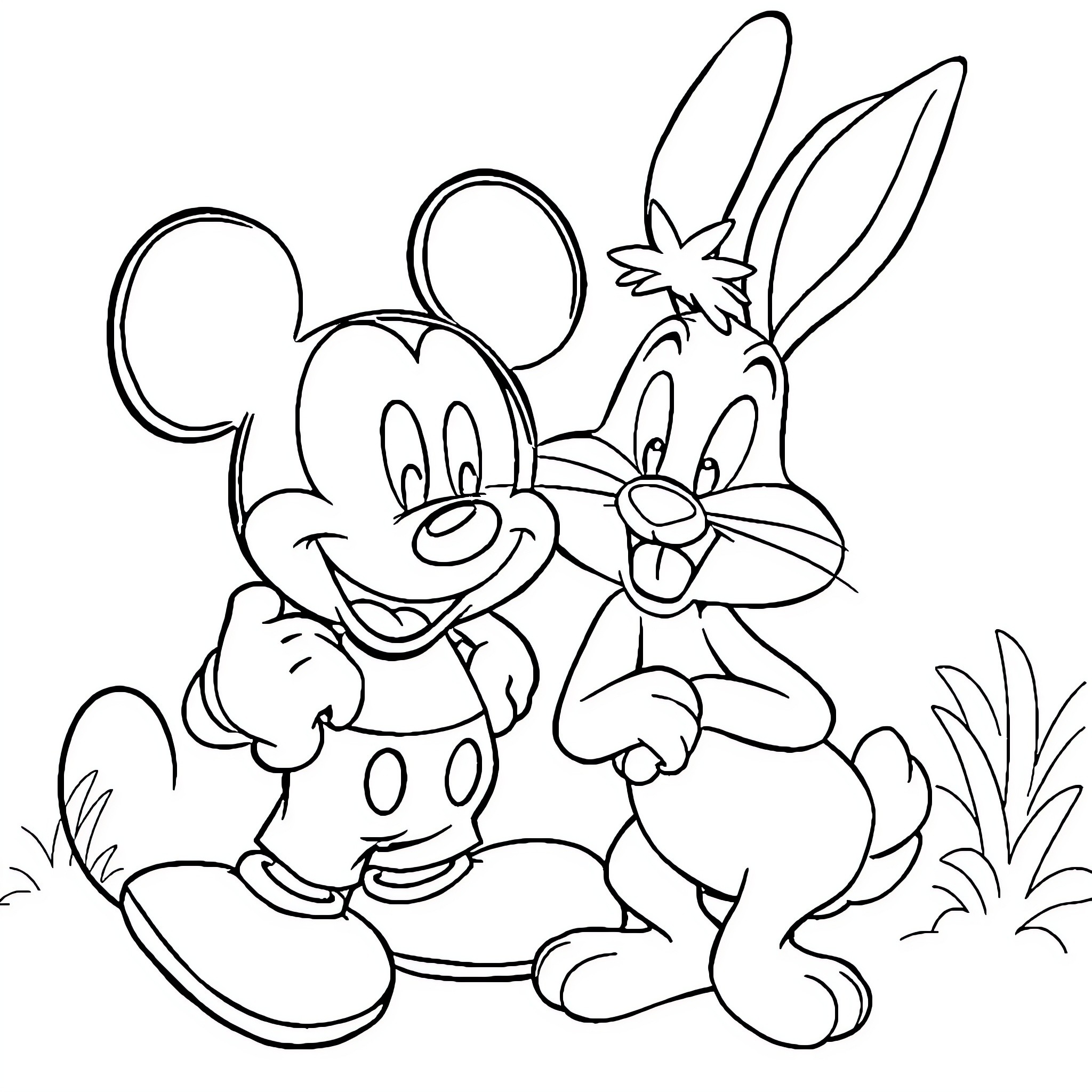 Mickey Mouse and Bugs Bunny in cartoon adventure Coloring Page (free black-and-white line drawing printable PDF for all, from beginners to advanced learners, including children, teens, adults, and seniors)